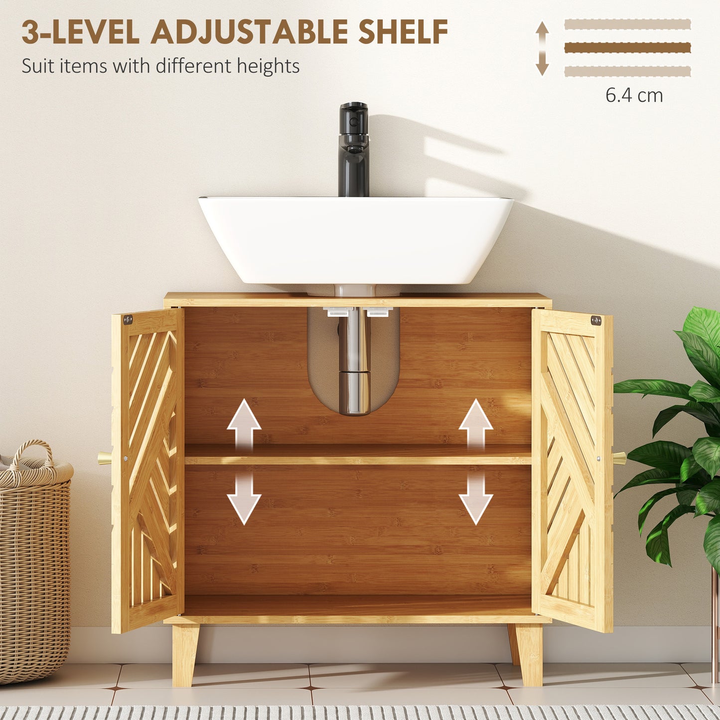 HOMCOM Bamboo Bathroom Under Sink Cabinet With Adjustable Shelf For Basin Without Pedestal Natural