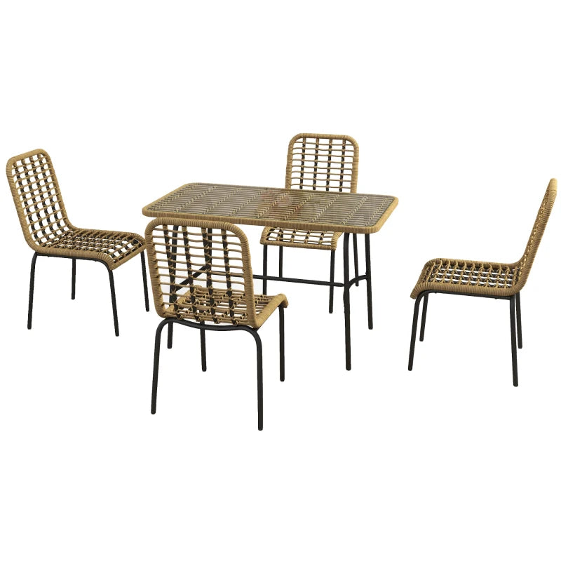 Outsunny 5-Piece Rattan Outdoor Dining Set - Patio Conservatory Furniture with Tempered Glass Tabletop and Hollowed-Out Design, Natural Wood Finish - ALL4U RETAILER LTD