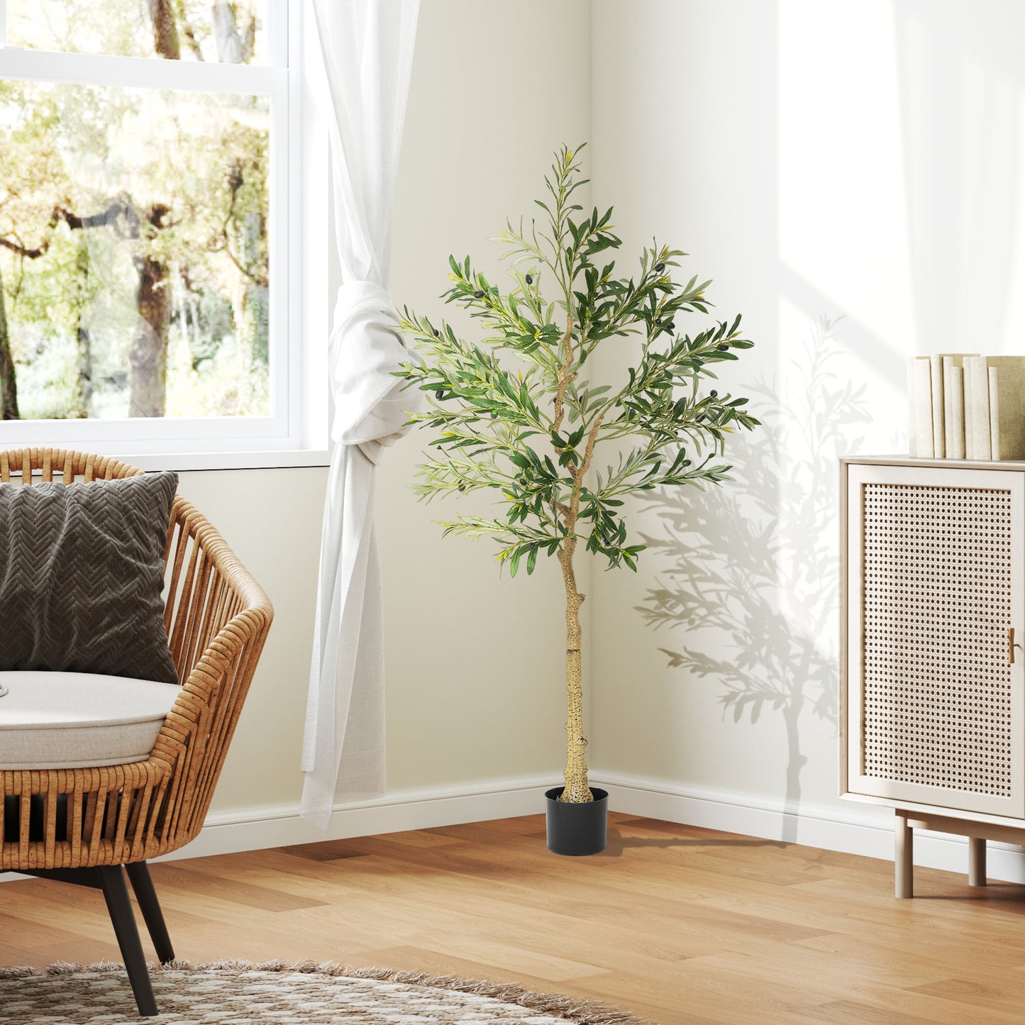 HOMCOM Silk Leaf Artificial Olive Trees With Cement Filled Pots, Lifelike Foliage And Shapeable Branches