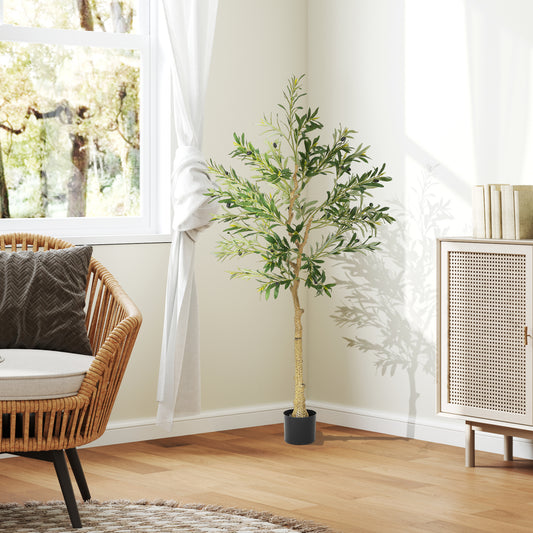 HOMCOM Silk Leaf Artificial Olive Trees With Cement Filled Pots, Lifelike Foliage And Shapeable Branches