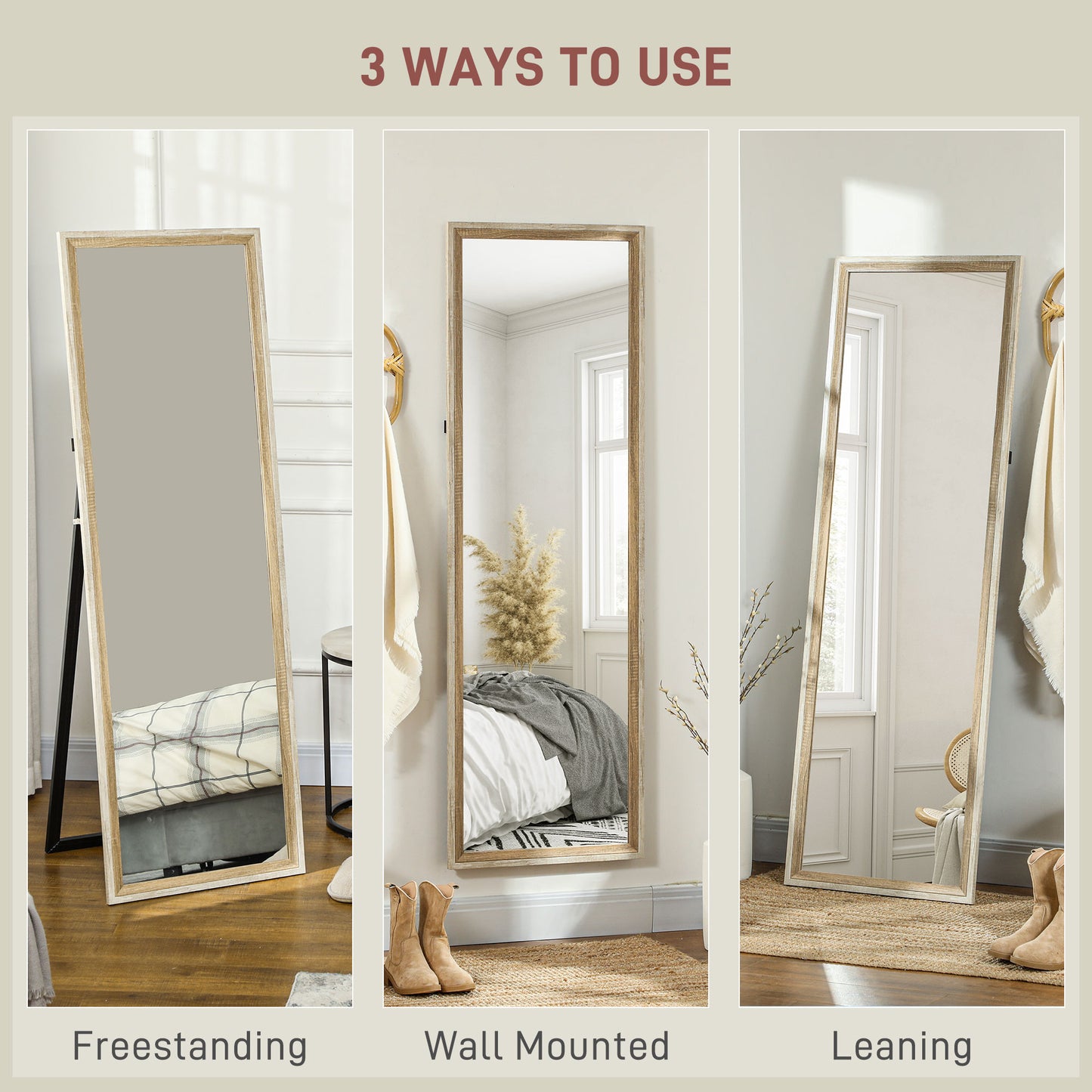HOMCOM 162.6 cm Two Tone Full Length Mirror White and Oak Tone Floor Standing for Dressing and Outfit Checks