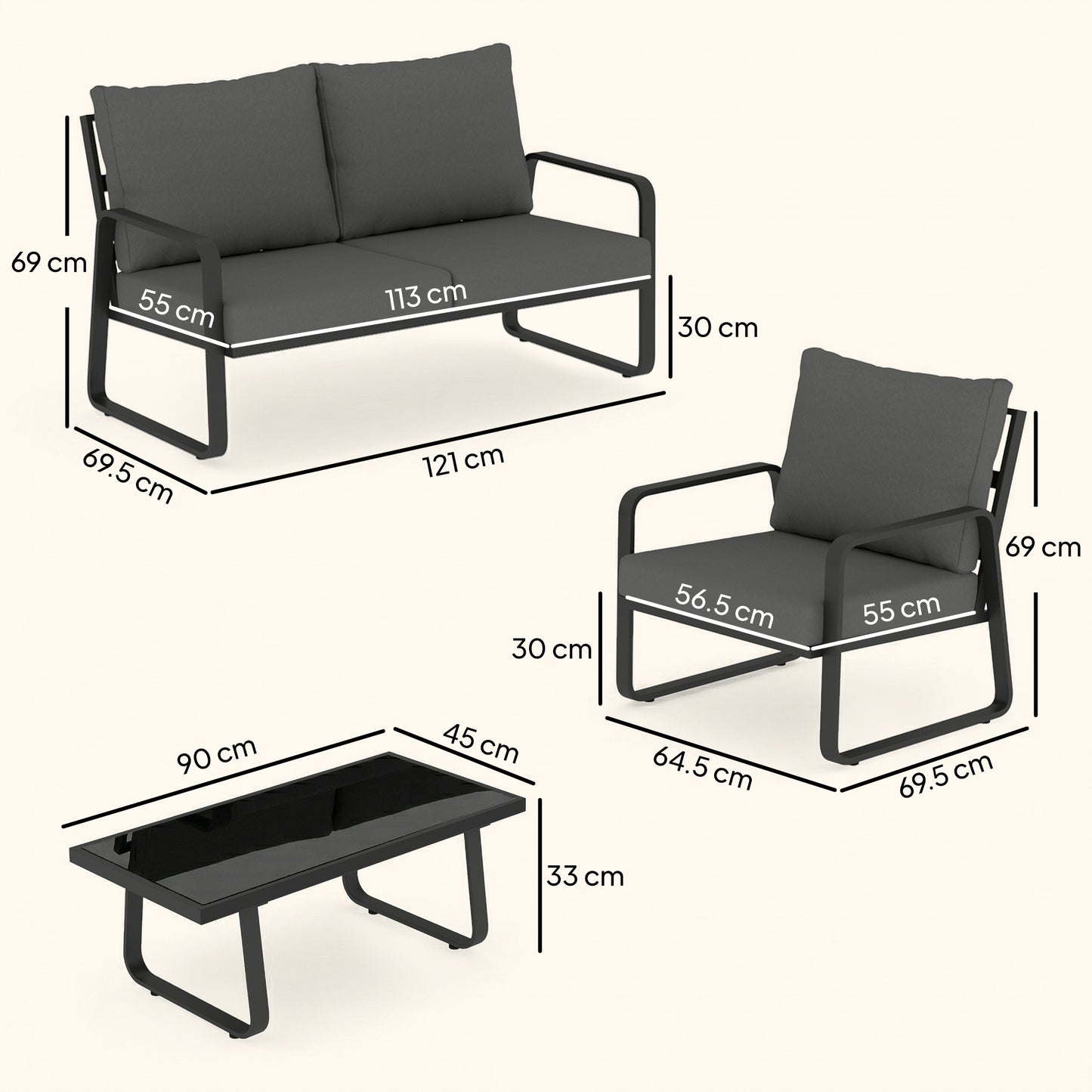 Outsunny 4 Piece Garden Furniture Set Outdoor Sofa Set Loveseat Armchairs Coffee Table Cushions All Weather