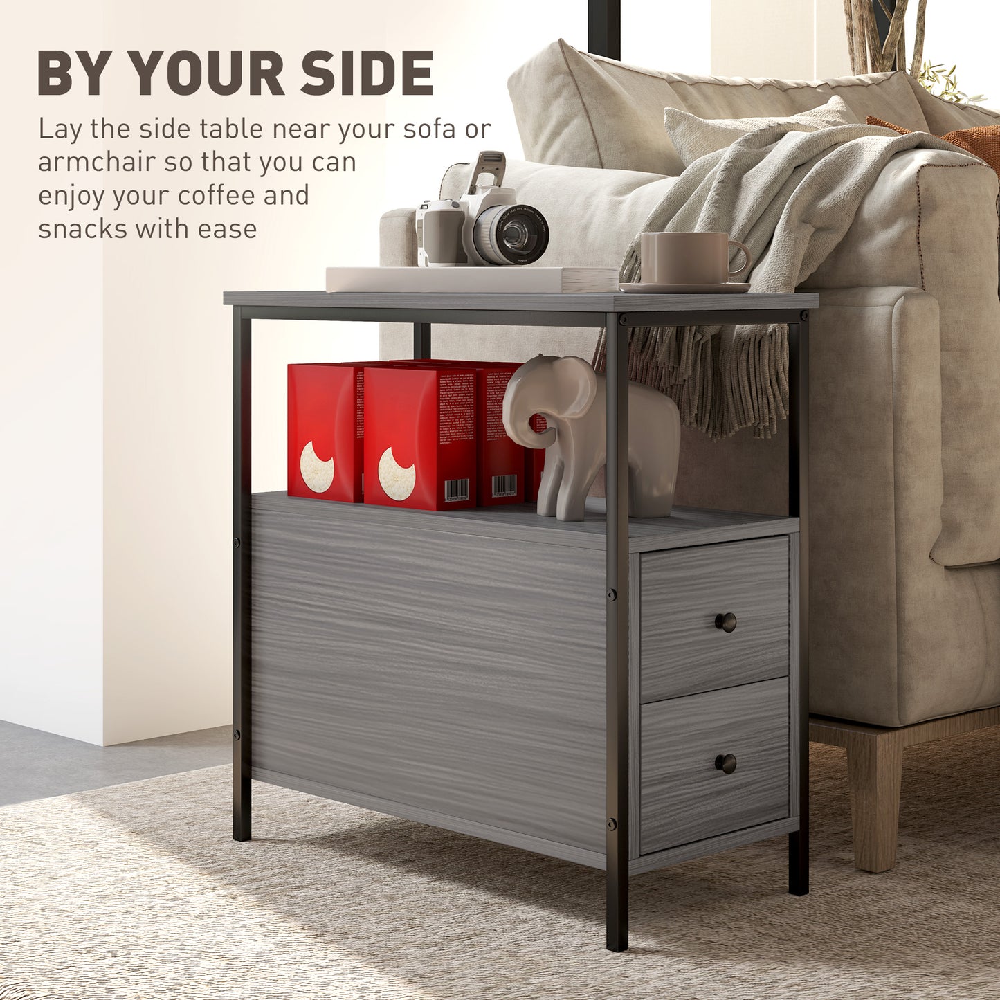 HOMCOM Narrow Bedside Table With 2 Drawers And Storage Shelf Industrial End Table Metal Frame Grey Wood Grain