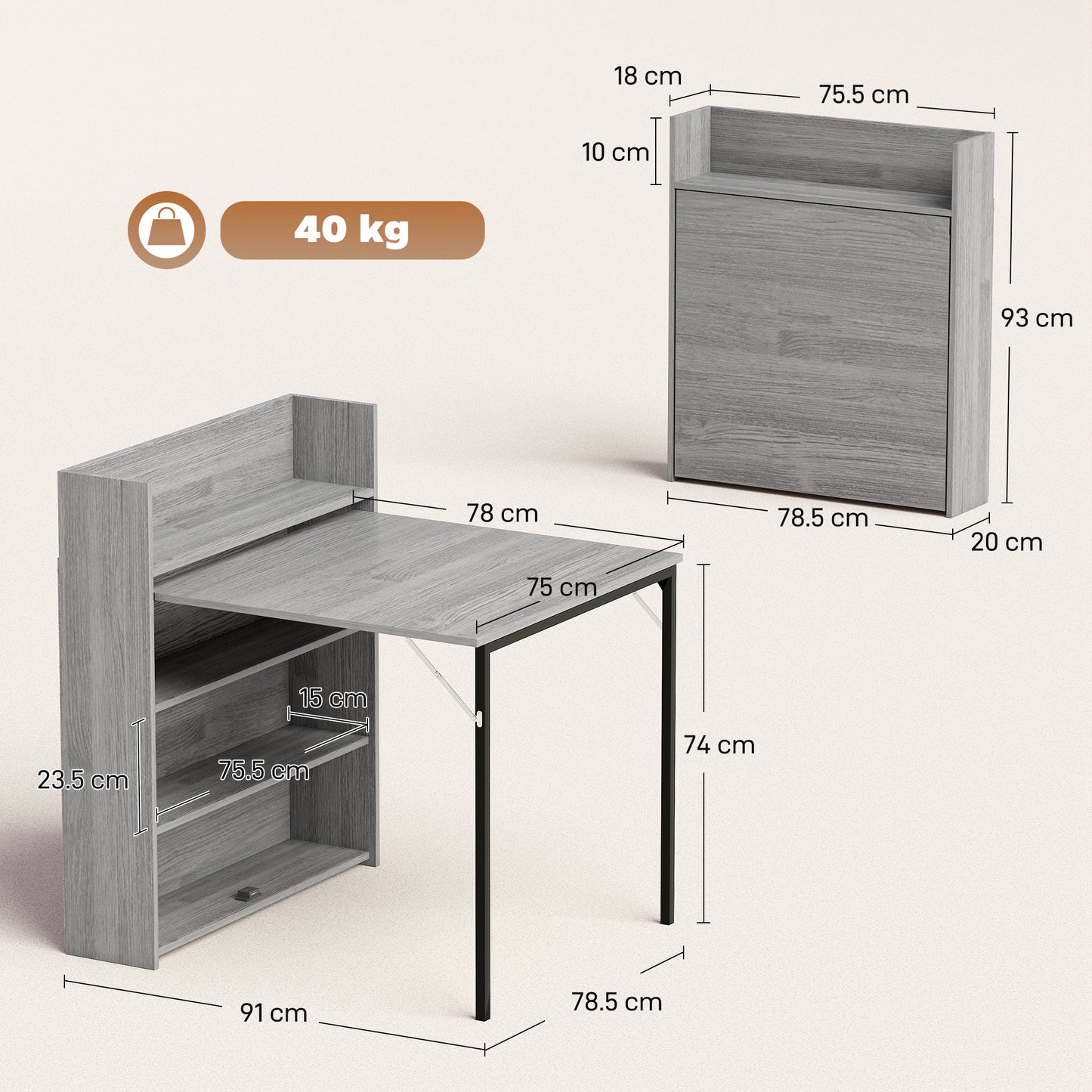 HOMCOM Kitchen Table Folding Dining Table With 4 Tier Shelves Modern Drop Leaf Table Grey Wood Effect