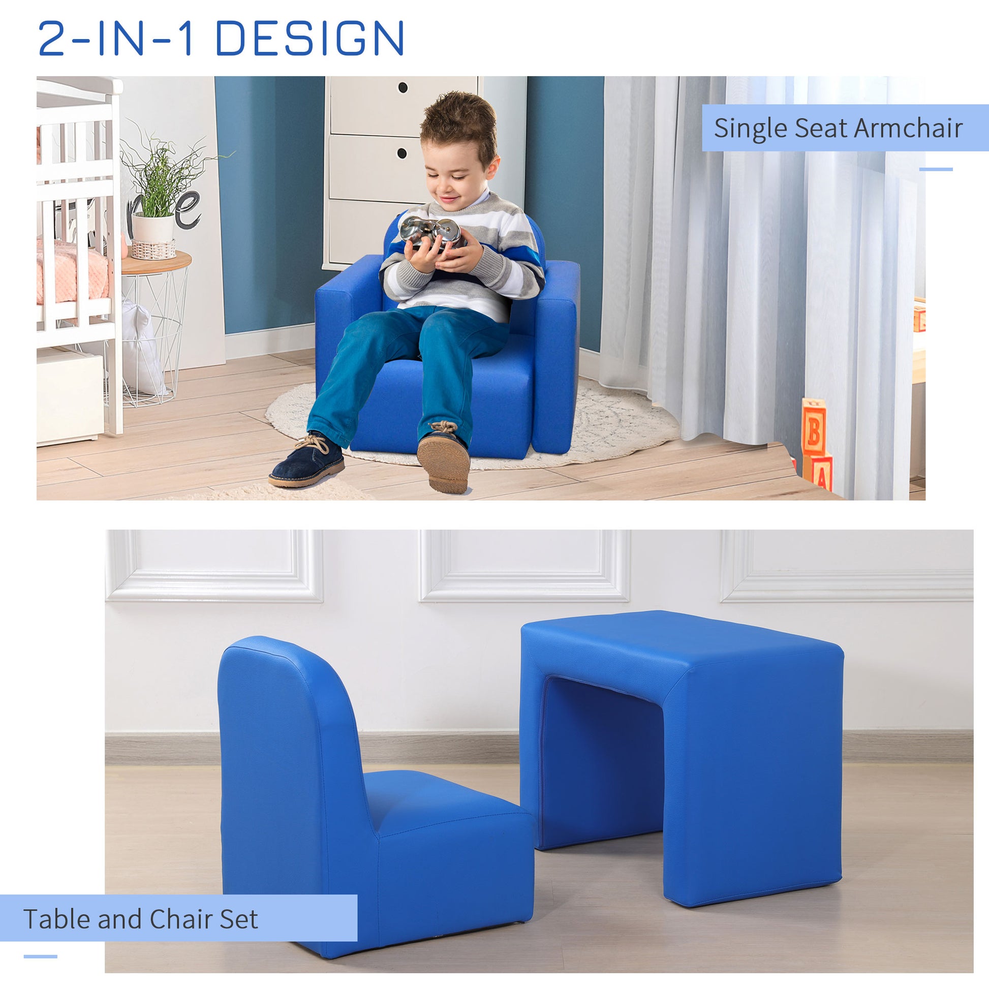 HOMCOM 2 In 1 Toddler Sofa Chair 48 x 44 x 41 cm Game Relax Playroom Blue. - ALL4U RETAILER LTD