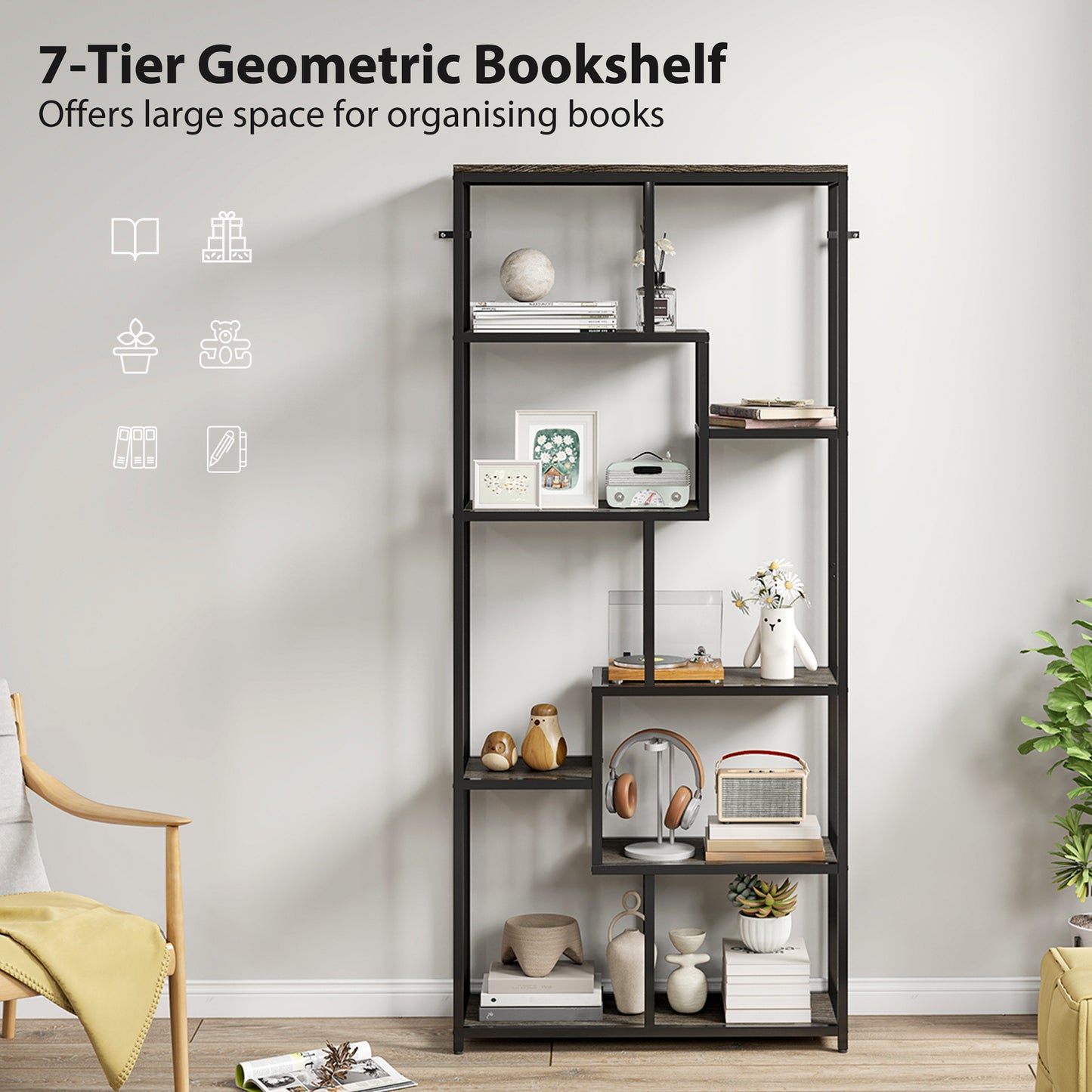 HOMCOM Seven Tier Geometric Bookcase Grey Black Metal Frame Bookshelf for Modern Home Decor