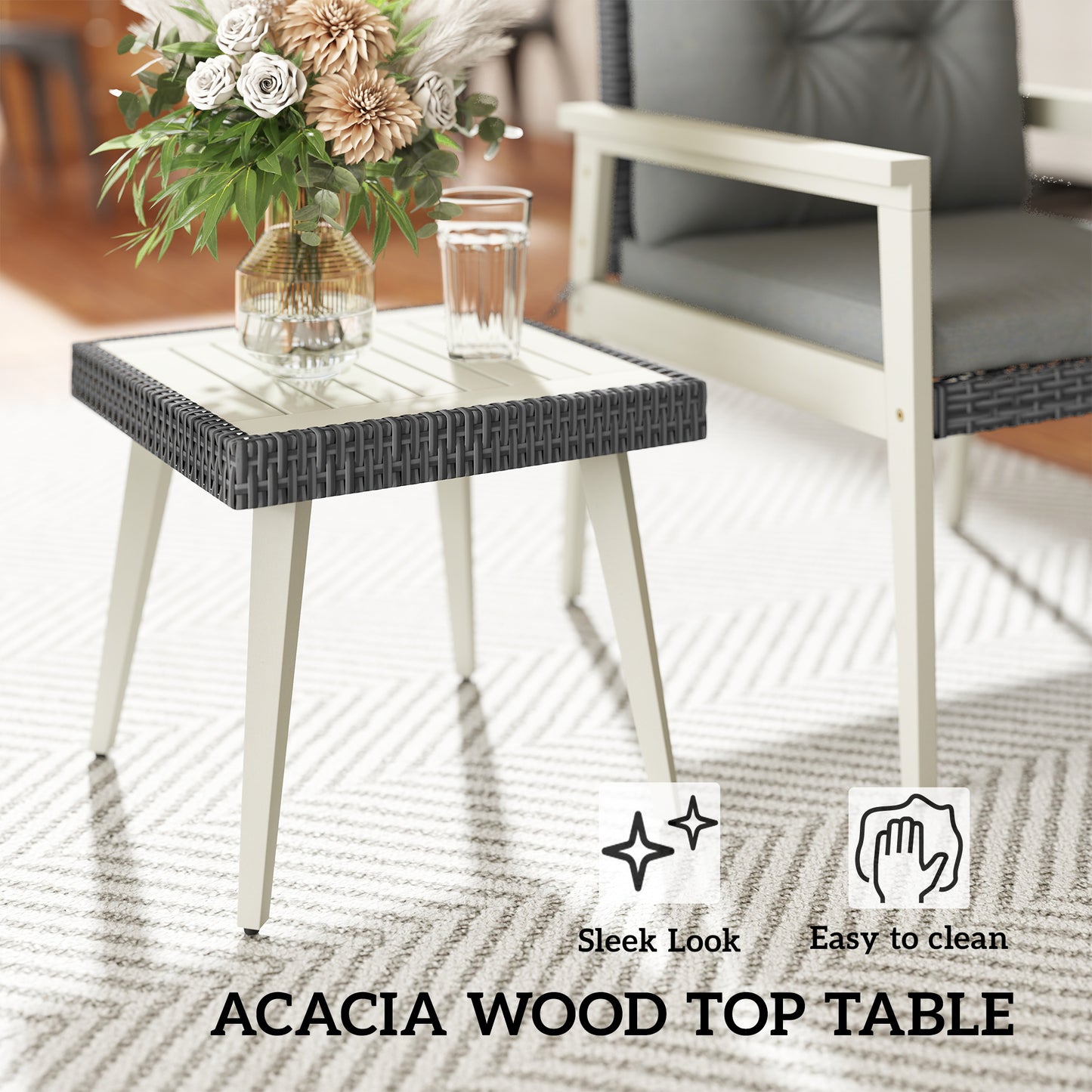 Outsunny Five Piece Rattan Patio Set With Acacia Wood Top Table Grey Outdoor Furniture