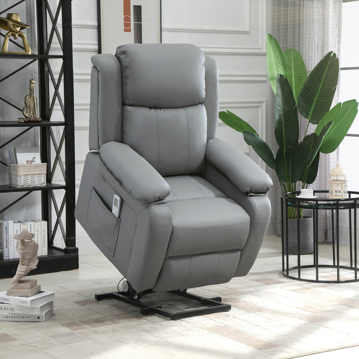 Grey power lift recliner chair with extended footrest and side control panel, PU leather