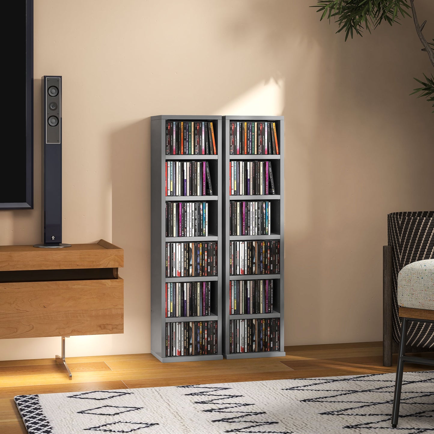 HOMCOM Set Of 2 CD Display Shelf Units With Adjustable Shelves High Gloss Grey Melamine