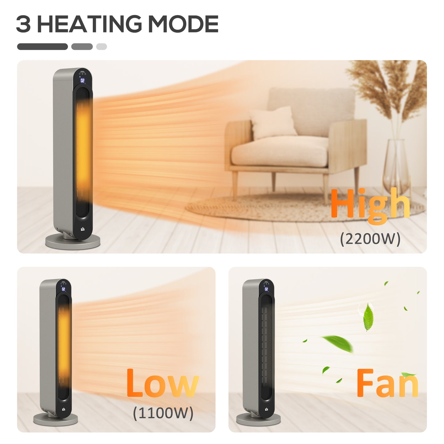 HOMCOM 2kW PTC Ceramic Tower Heater with Remote LED Display 10 to 35 C Temperature Range