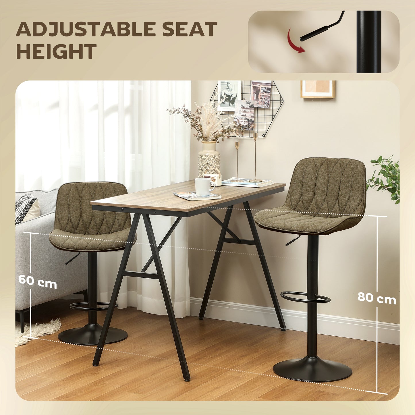 HOMCOM Set of Two Linen-Look Bar Stools Brown With Padded Seats And Adjustable Height 60-80 cm 360 Degree Swivel