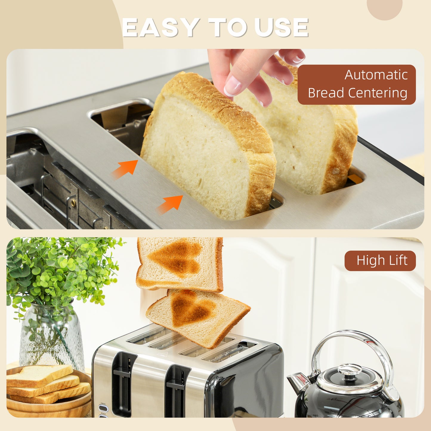 HOMCOM Polished Stainless Steel Kettle and Toaster Set Black, 3000W Kettle, Four Slice Toaster