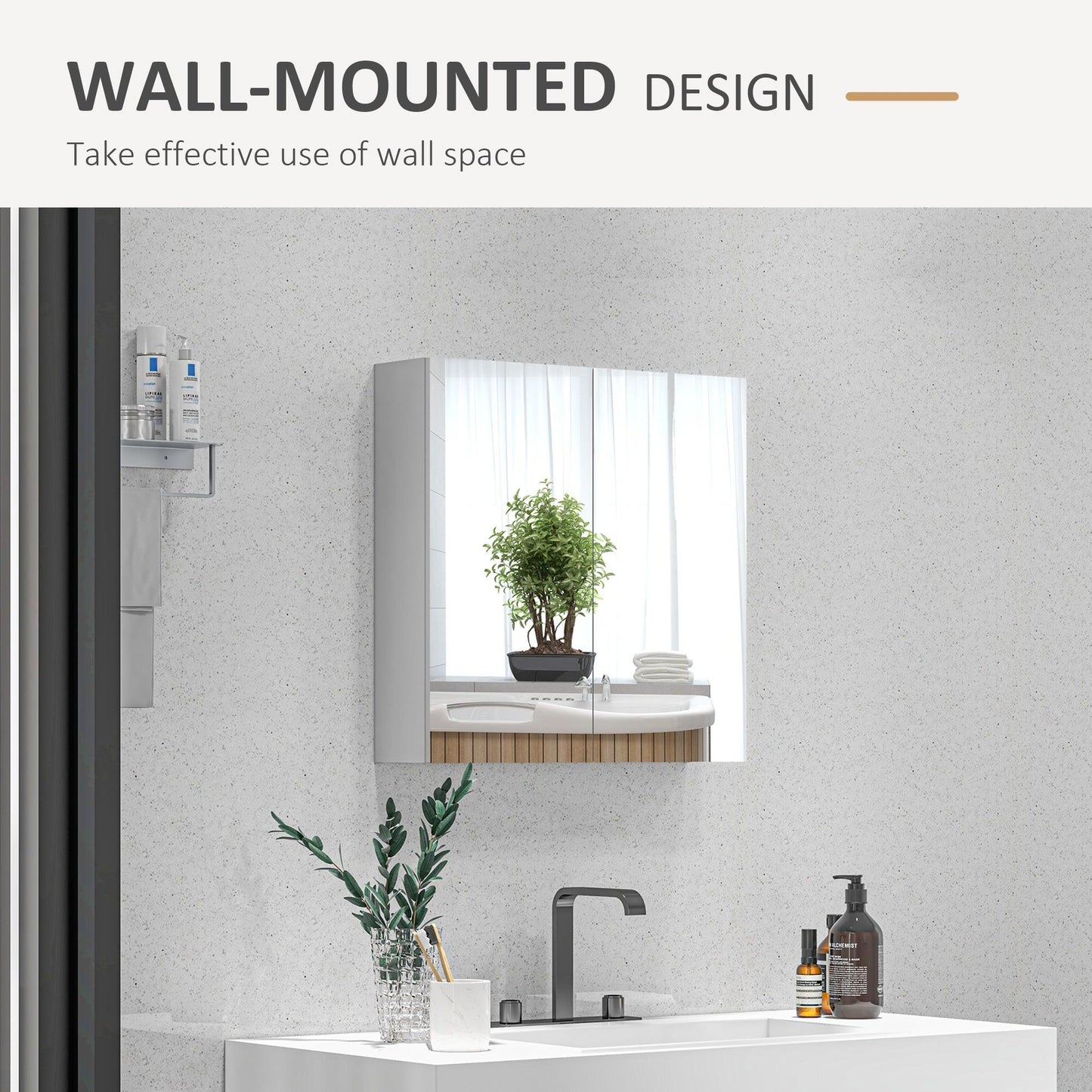 Kleankin Double Door Mirror Cabinet, Wall Mounted Bathroom Storage, High Gloss White - ALL4U RETAILER LTD