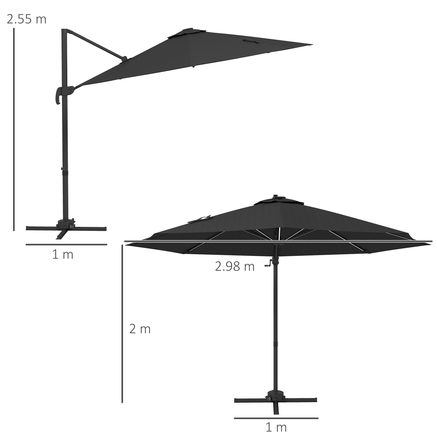 Outsunny Solar-Powered 3m Adjustable Cantilever Umbrella with Base and LED Lights, Dark Grey - ALL4U RETAILER LTD