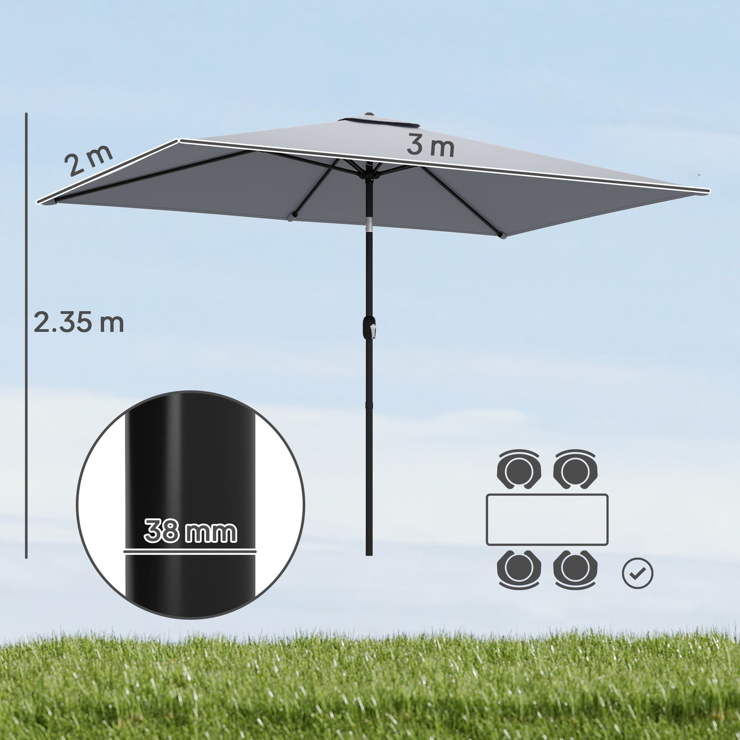Outsunny Garden Parasol Umbrella With Crank Handle And Tilt Function 180G Polyester Canopy Light Grey