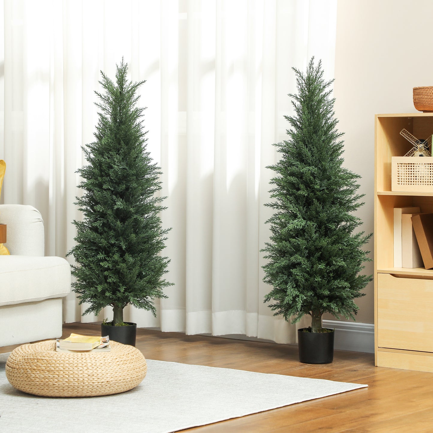 HOMCOM Set Of Two Artificial Cypress Trees In Cement Pots Green UV Resistant Durable Plastic Indoor Outdoor Decor