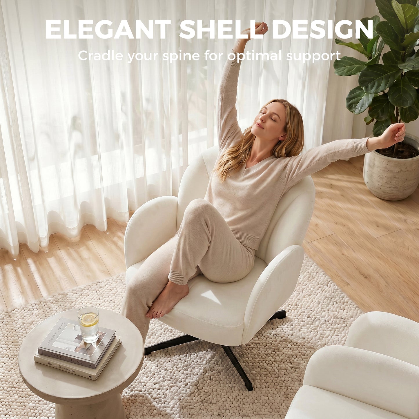 HOMCOM Swivel Accent Chair Shell Shaped Armchair With Spring Cushion And Metal Base Cream White