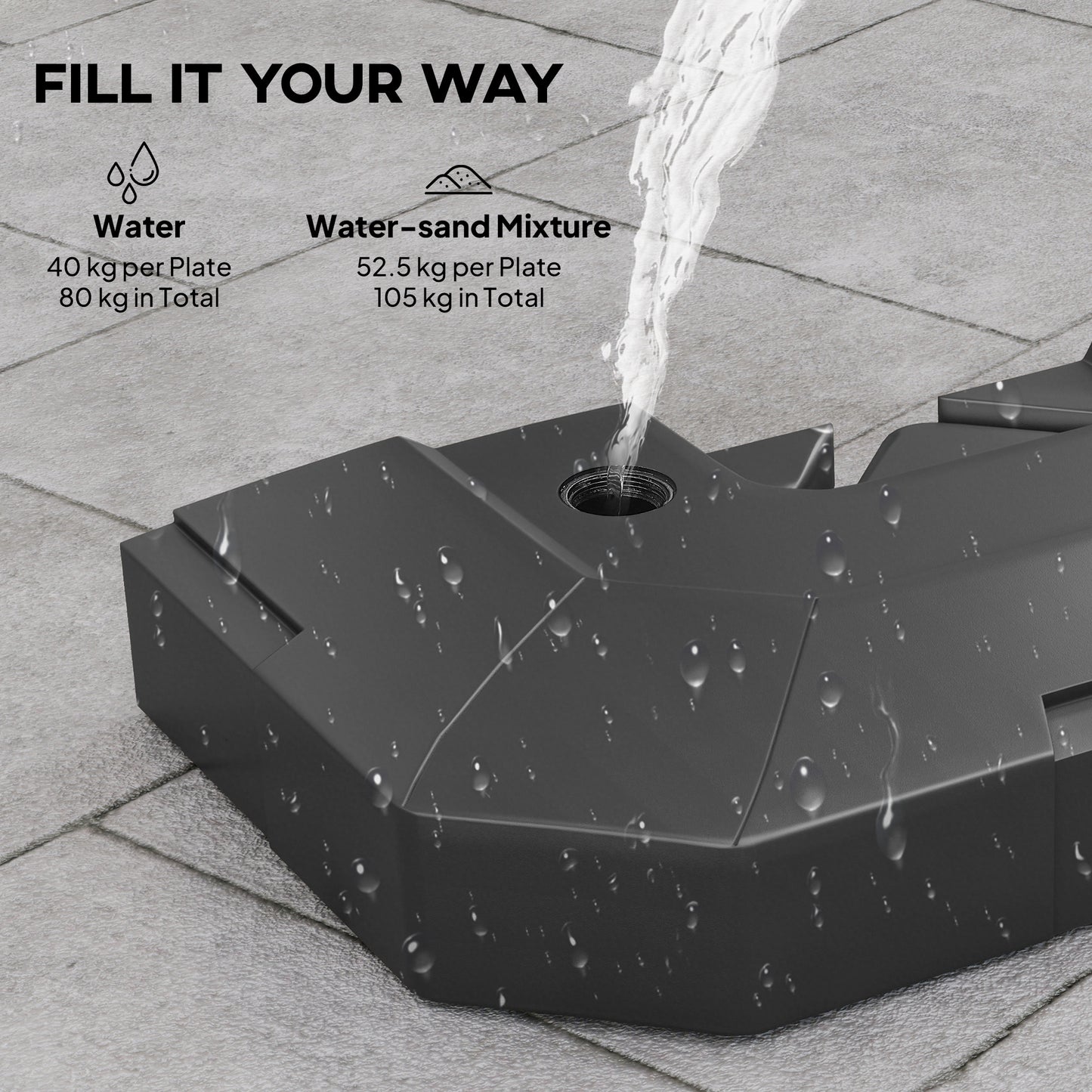Outsunny 2 Pack Cantilever Umbrella Base Weights for Parasol Cross Bases, 80 Kg Water or 105 Kg Sand Mix, Black