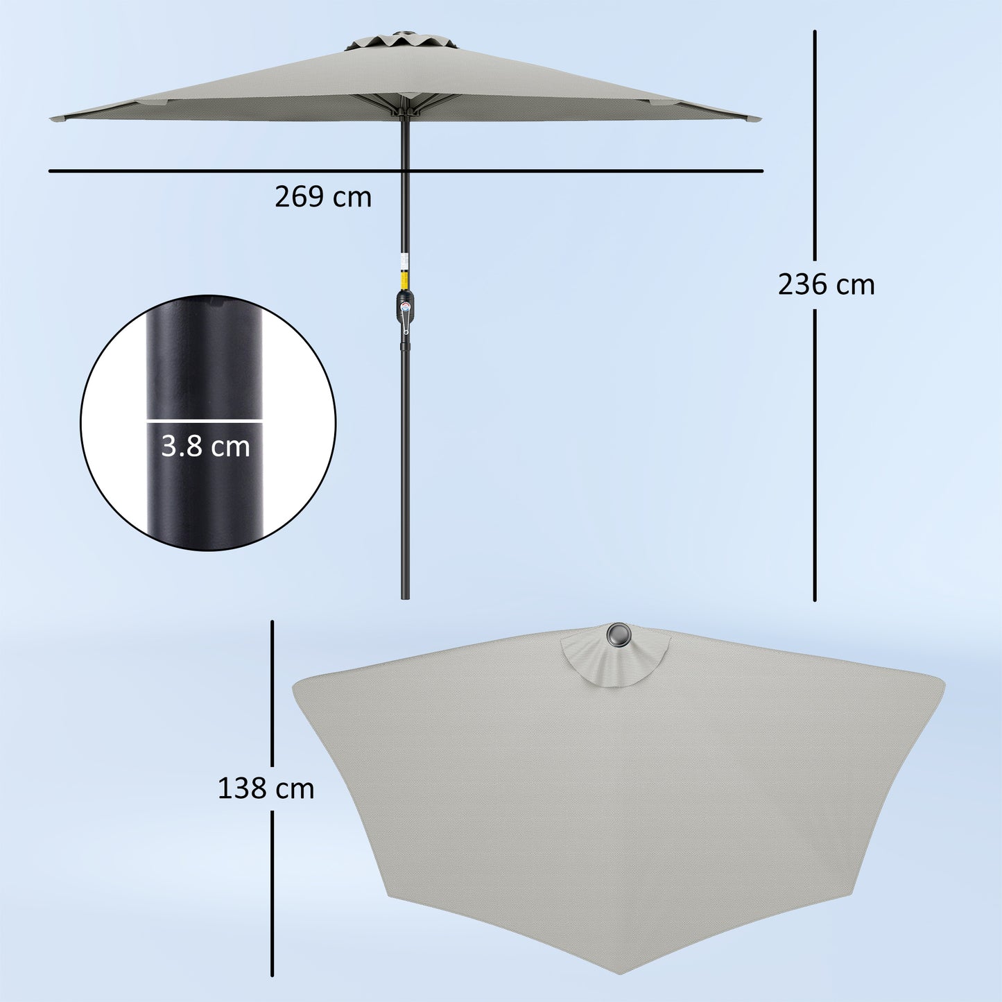 Outsunny Half Round Solar Parasol Umbrella for Balconies and Small Gardens Light Grey