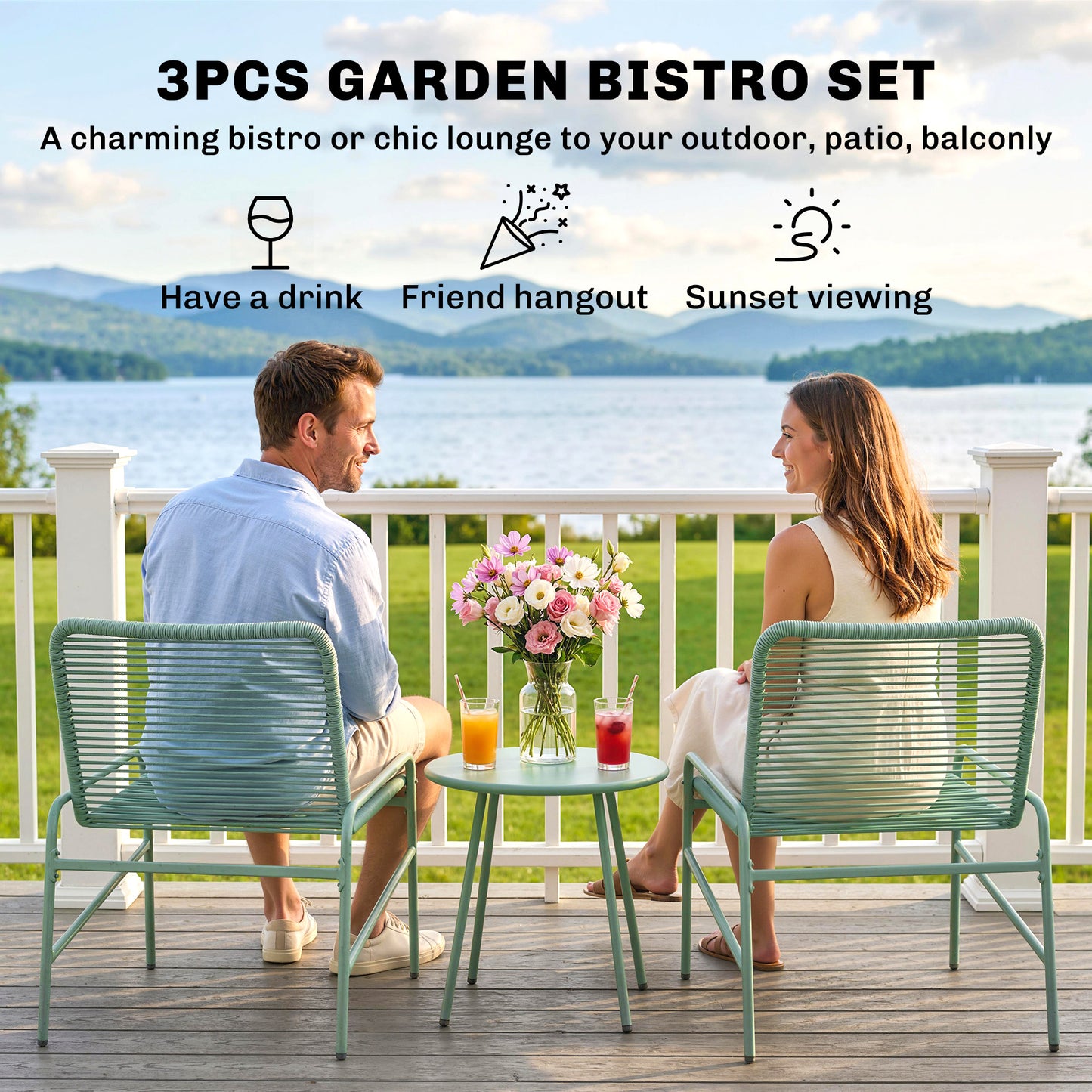 Outsunny 3 Piece Rattan Bistro Set With 2 Chairs And Round Coffee Table For Patio Balcony Green Outdoor Garden Furniture