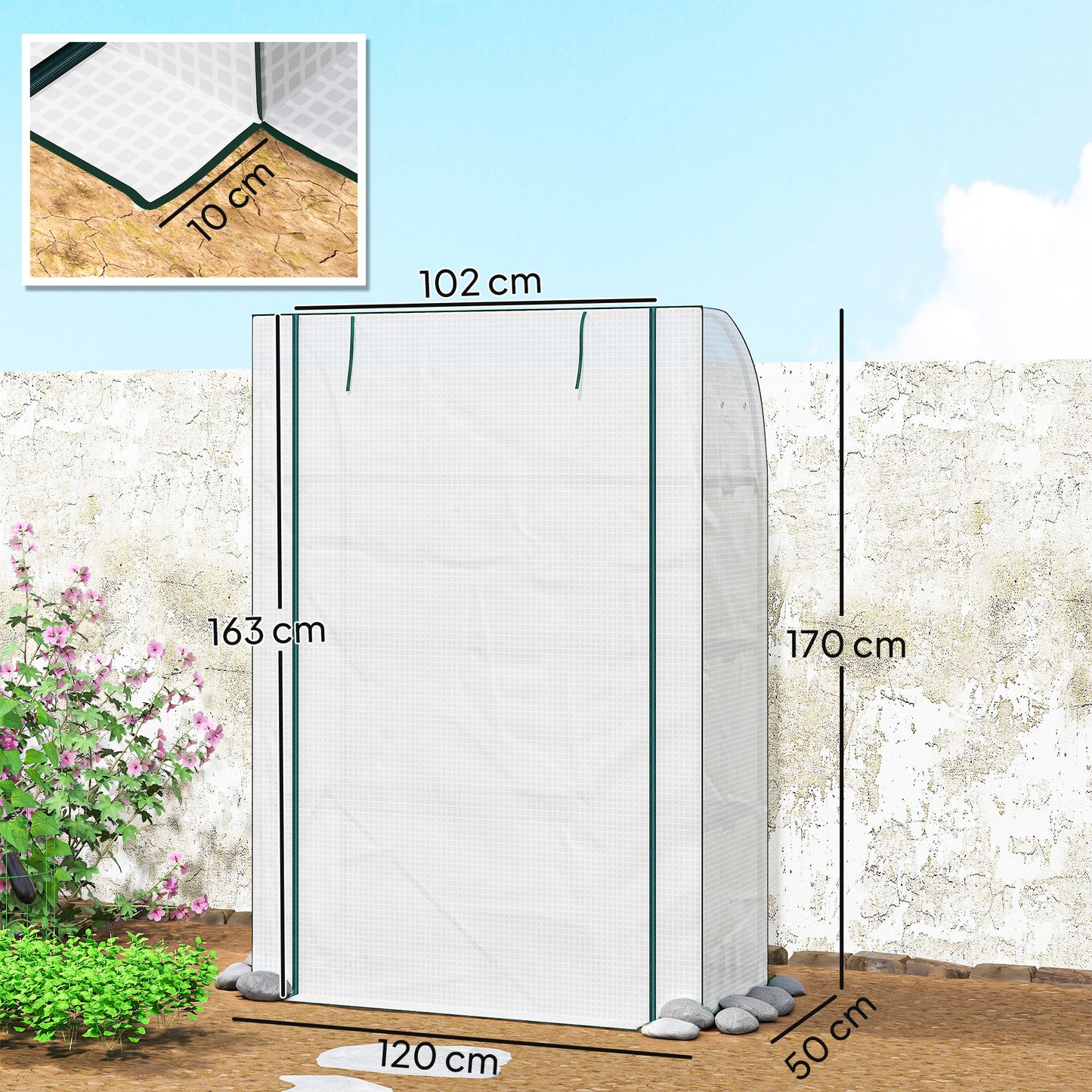 Outsunny Mini Greenhouse With Reinforced PE Cover Portable Indoor Outdoor With Roll Up Door 170x120x50 cm White
