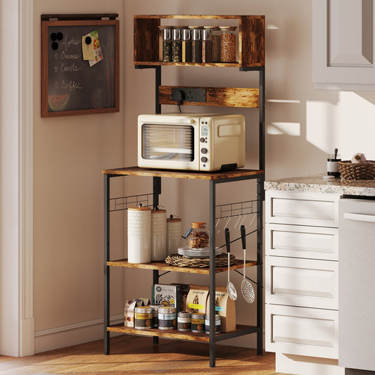 HOMCOM Kitchen Storage Rack With Power Outlet And USB Charger Rustic Brown Bakers Rack For Kitchen Organization