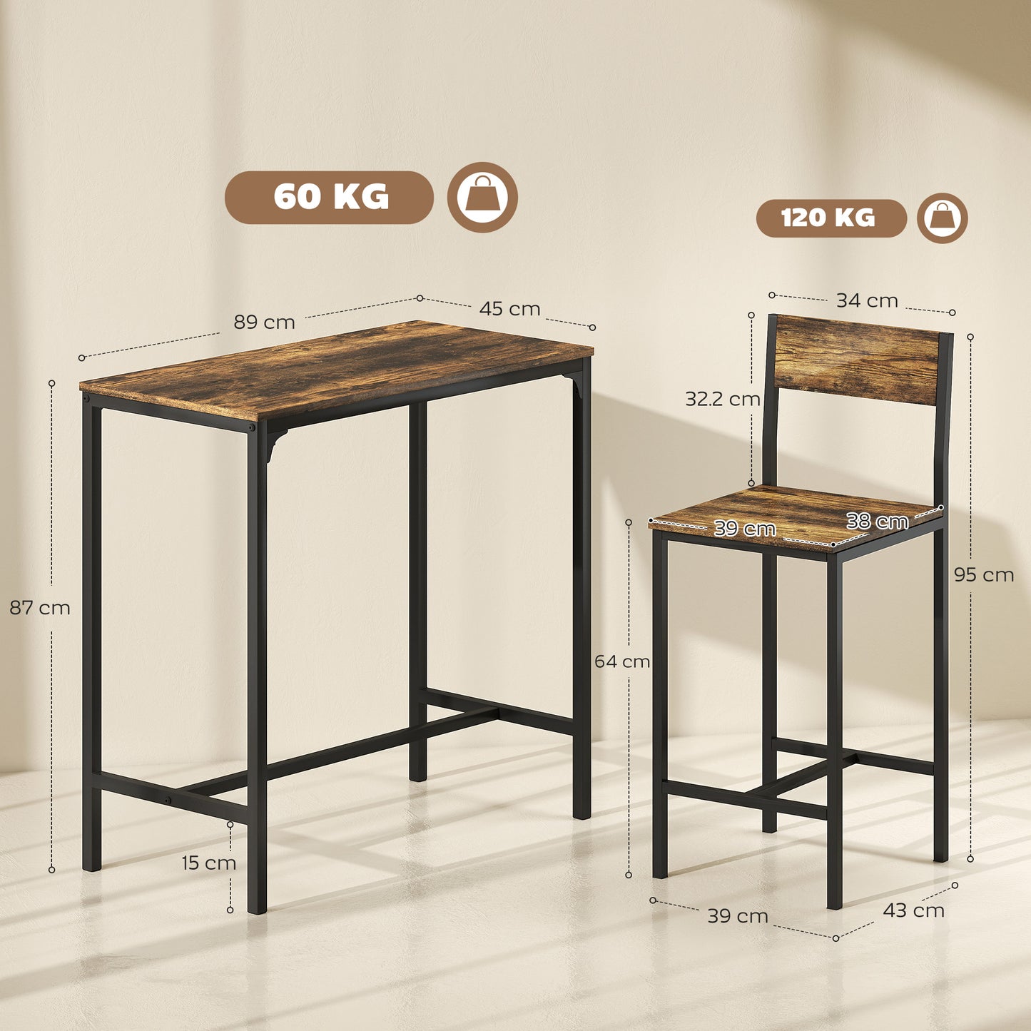 Homcom 3 Piece Bar Table Set With 2 Stools Breakfast Bar Set With Footrest Backrest For Dining Room Small Space