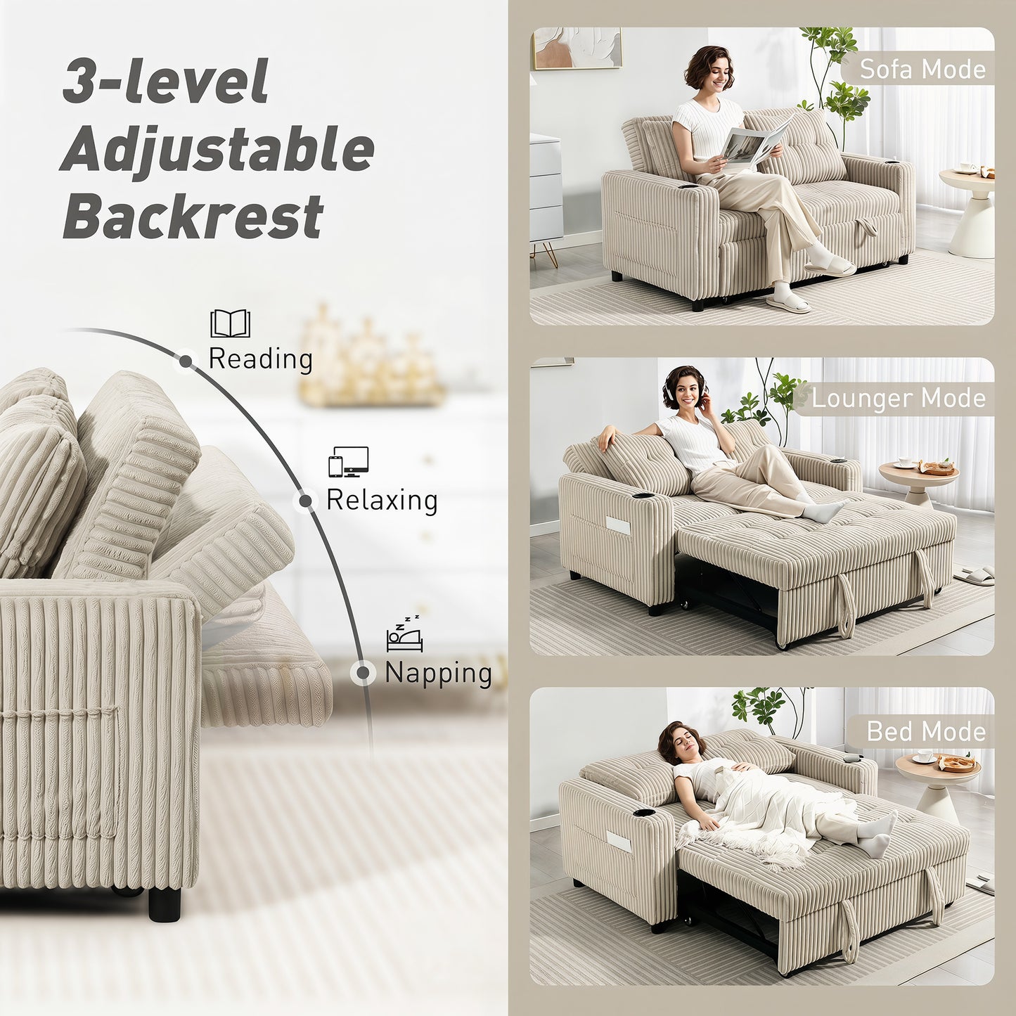 HOMCOM Corduroy Click Clack Sleeper Sofa With Pull Out Design 2 Seater Sofa Bed Cream White