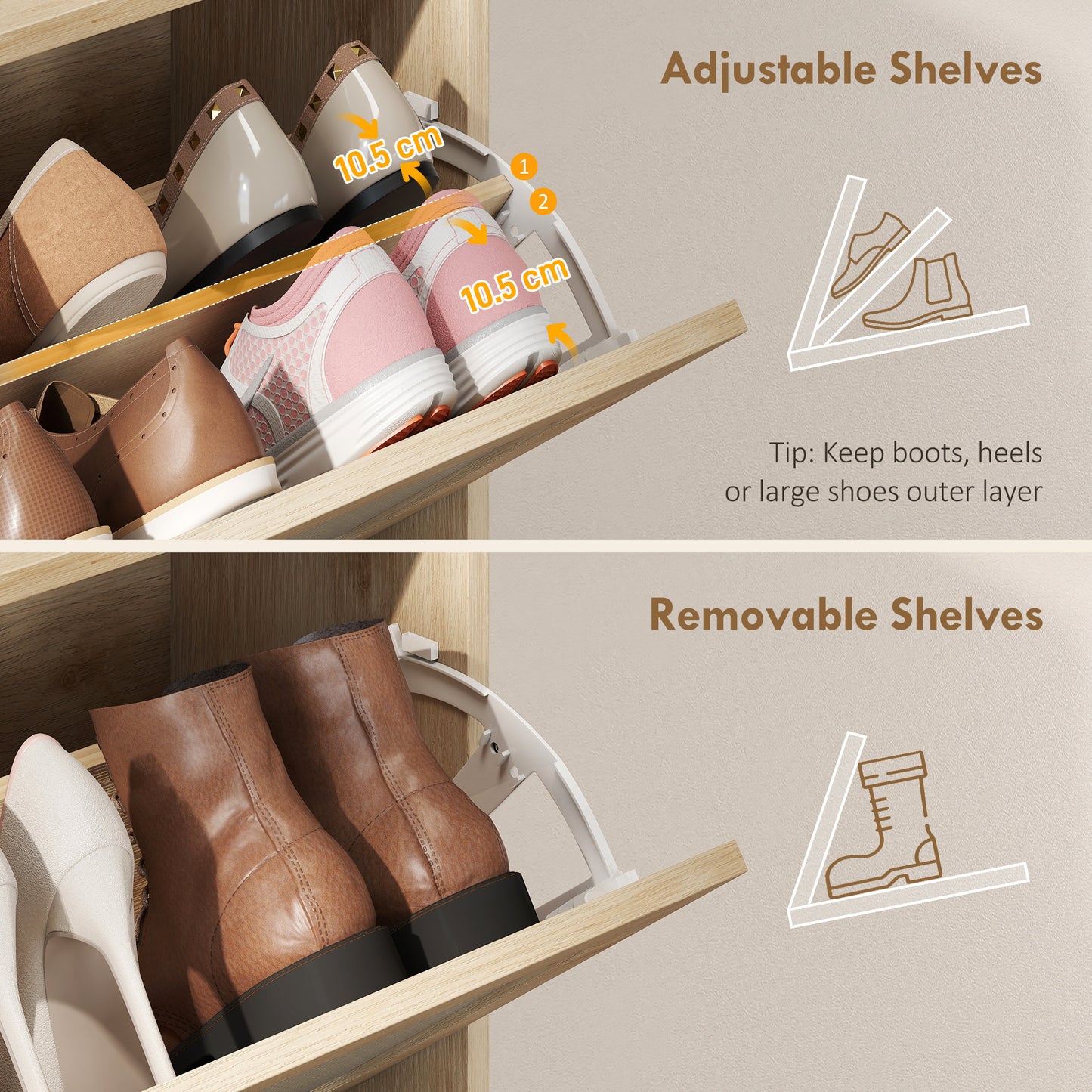 HOMCOM Shoe Cabinet With 2 Flip Drawers For Narrow Spaces Boho Oak Finish 12 To 16 Pairs Storage