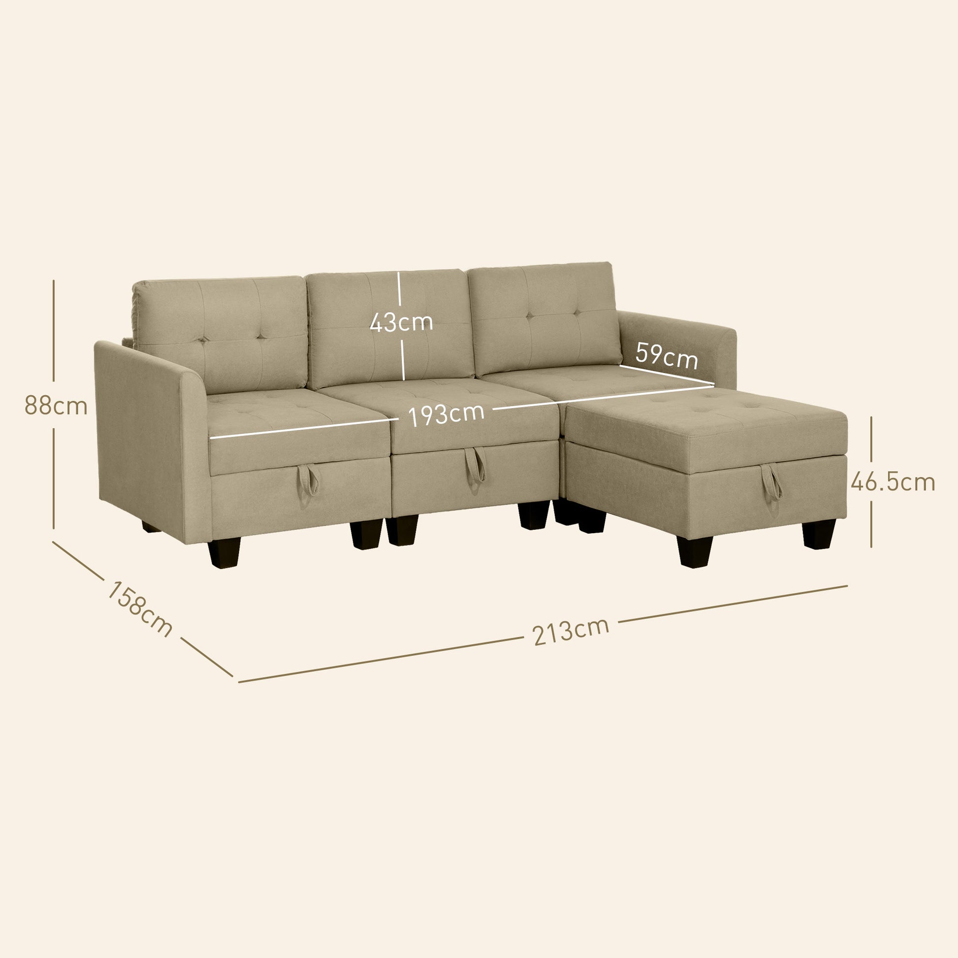 Versatile Light Brown Modular Sectional Sofa with Storage and Ottoman - 3 Seater L-Shaped Couch by HOMCOM - ALL4U RETAILER LTD