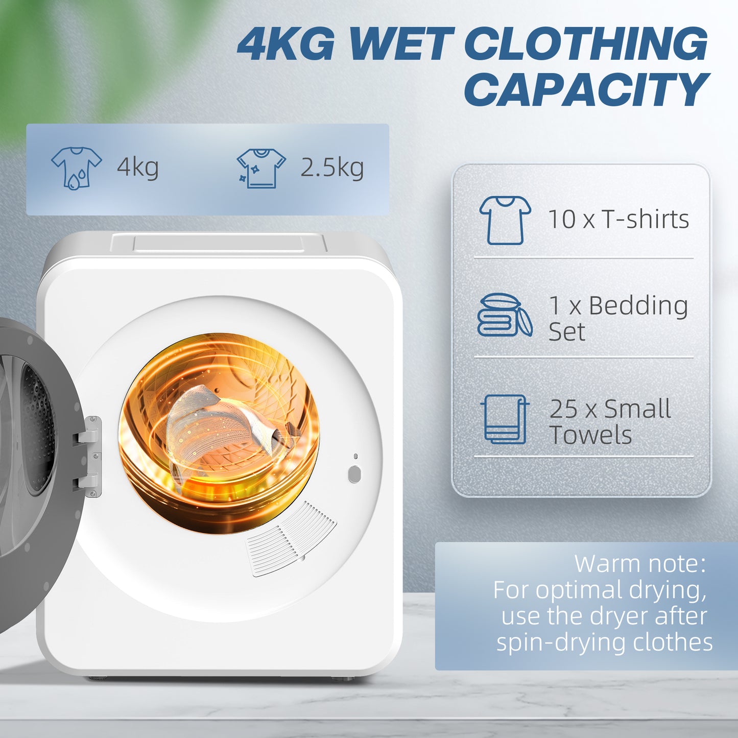 HOMCOM 4kg Vented Tumble Dryer 800W Compact Freestanding Front Tumble Dryer With Stainless Steel Tub White