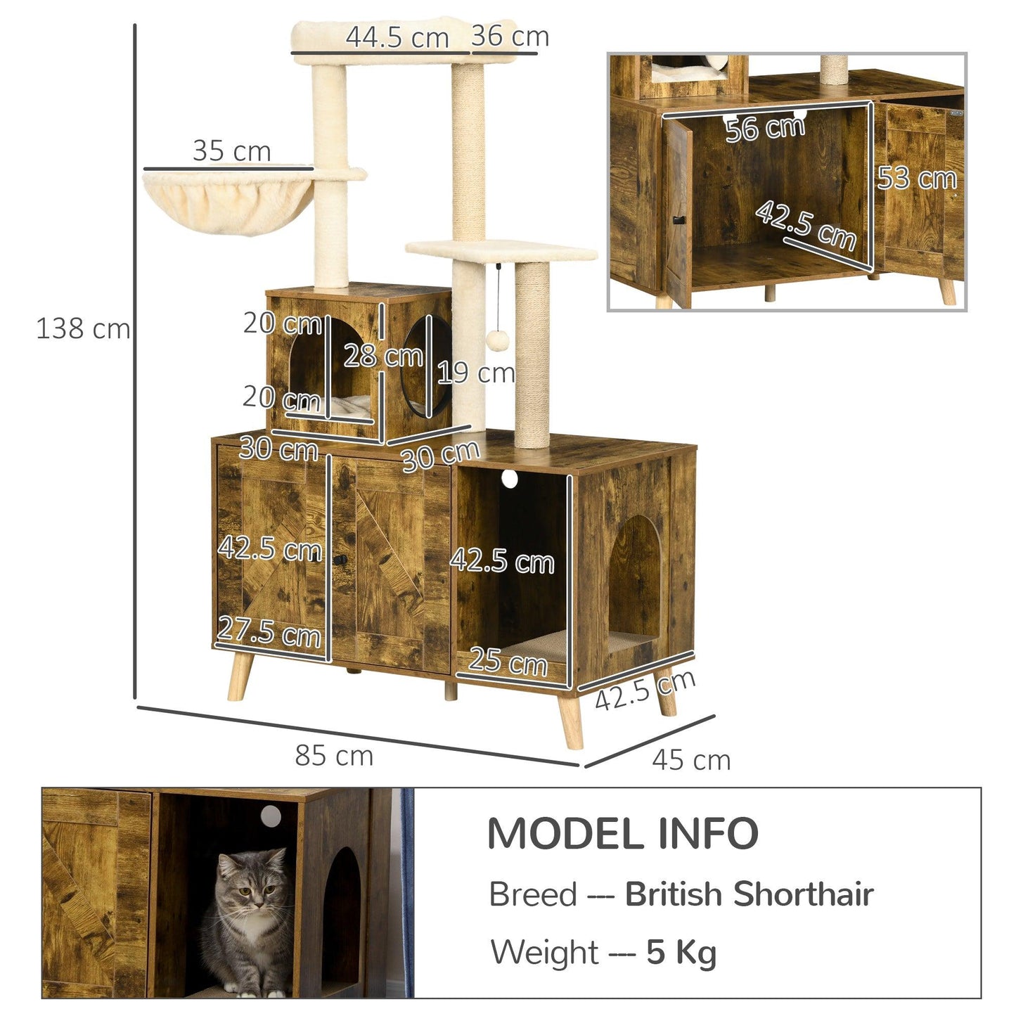 PawHut Rustic Brown Cat Litter Box Enclosure with Tree Tower, Cat House, Hammock - ALL4U RETAILER LTD