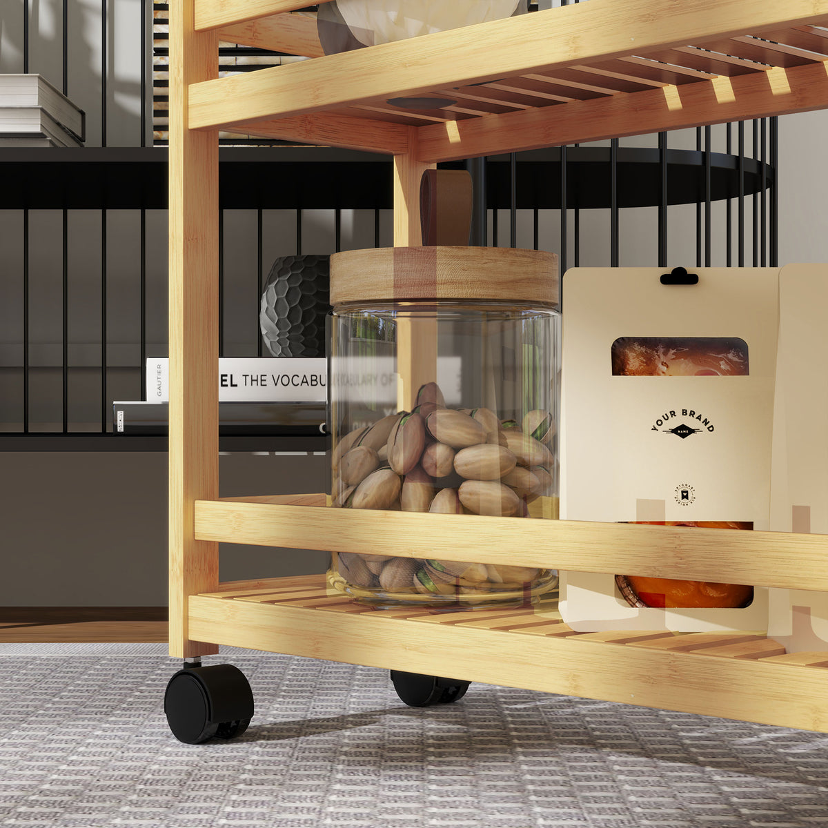 Bamboo storage trolley with items on three slatted shelves and rolling caster wheels