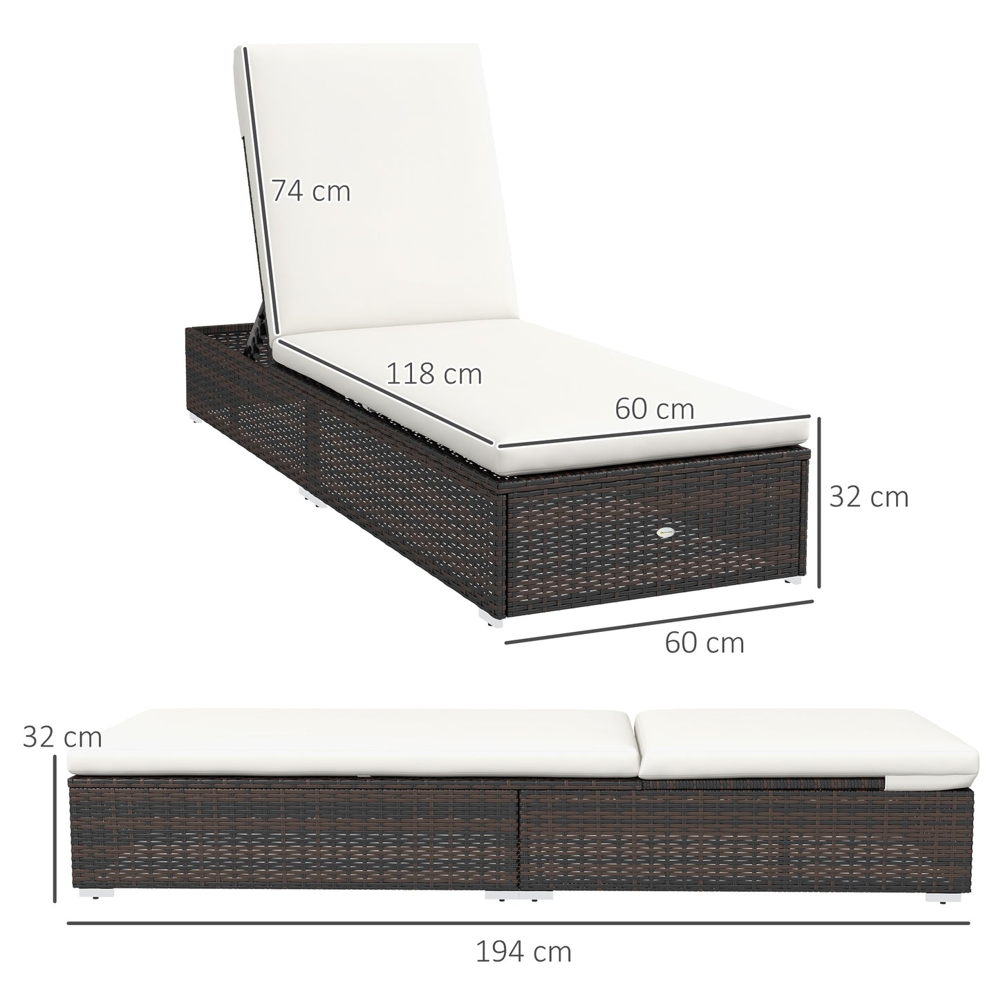 Outsunny Set of Two Adjustable Rattan Sun Loungers with Padded Seats - Brown and Cream - ALL4U RETAILER LTD