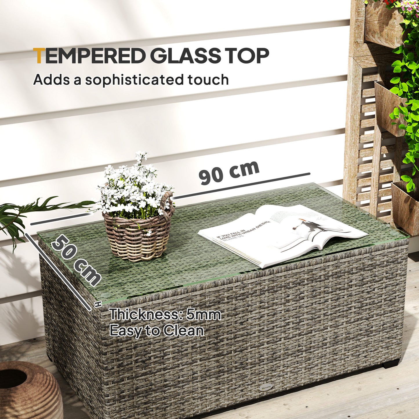 Outsunny 90 x 50cm Glass Top Rattan Side Table Dark Grey Outdoor Garden Furniture With 5mm Tempered Glass