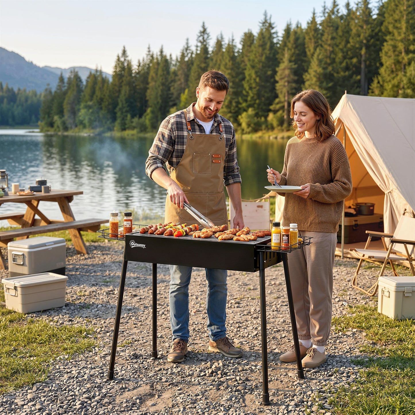 Outsunny Portable Charcoal BBQ Grill With Seasoning Baskets For Camping Picnics And Hiking