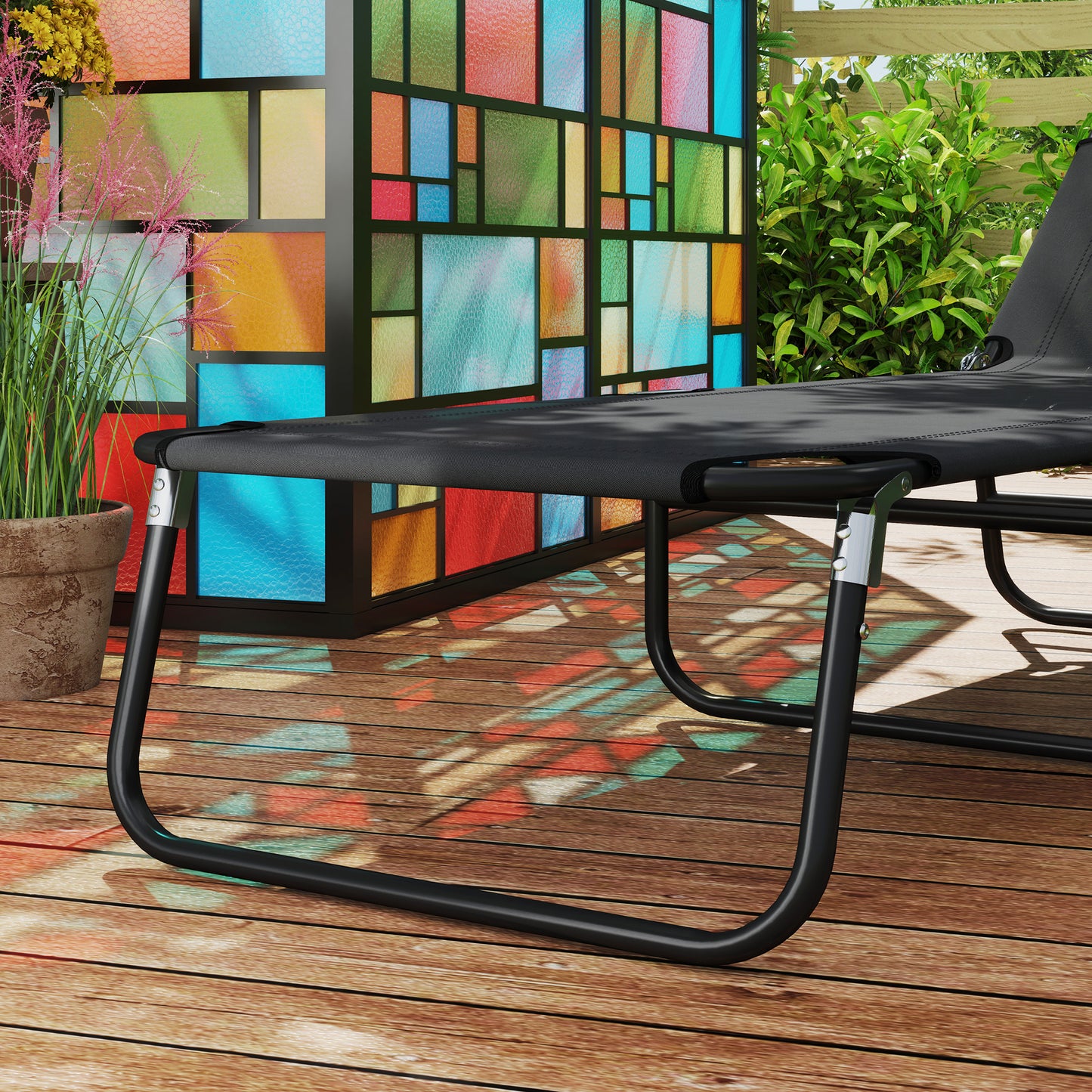 Outsunny Garden Sun Lounger With Five Position Backrest Adjustable Folding Black Metal Frame