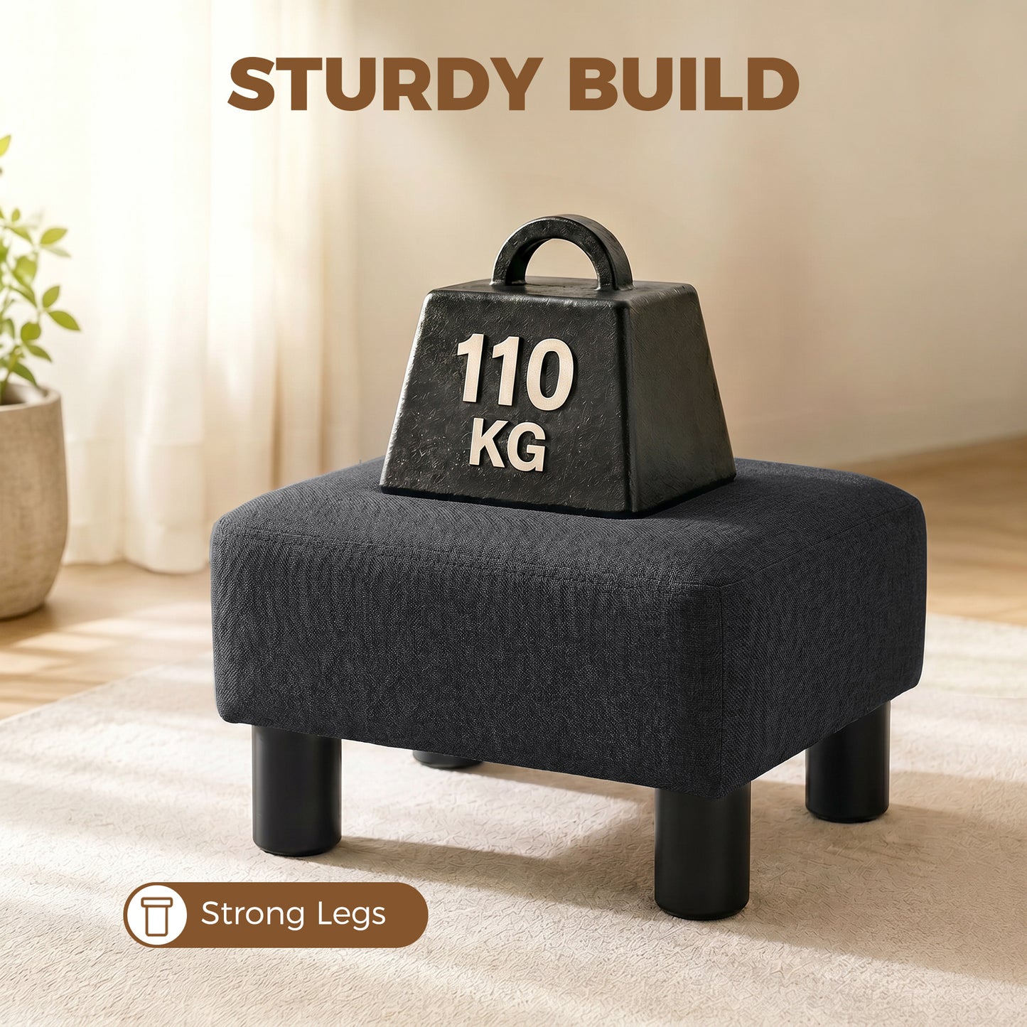 HOMCOM Linen Fabric Footstool Ottoman Cube With Four Plastic Legs Black Padded Seat