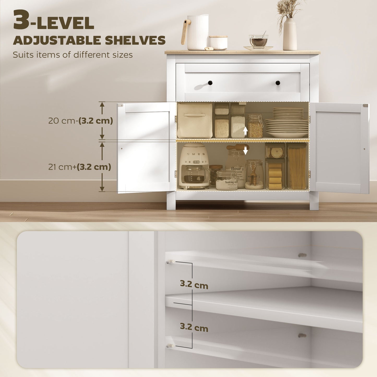 HOMCOM Sideboard Storage Cabinet With Adjustable Shelf Drawer And Double Doors White For Living Room Dining Room Hallway