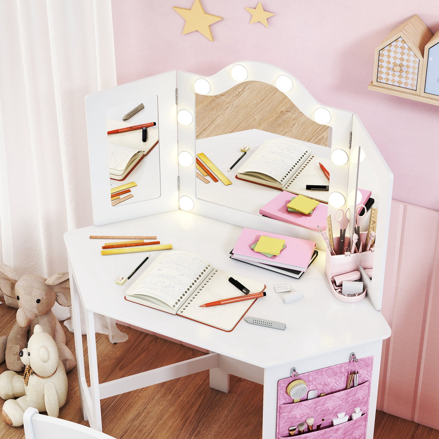 AIYAPLAY Girls Vanity Table And Stool Set With Tri Folding Mirror And Two Color LED Lights White