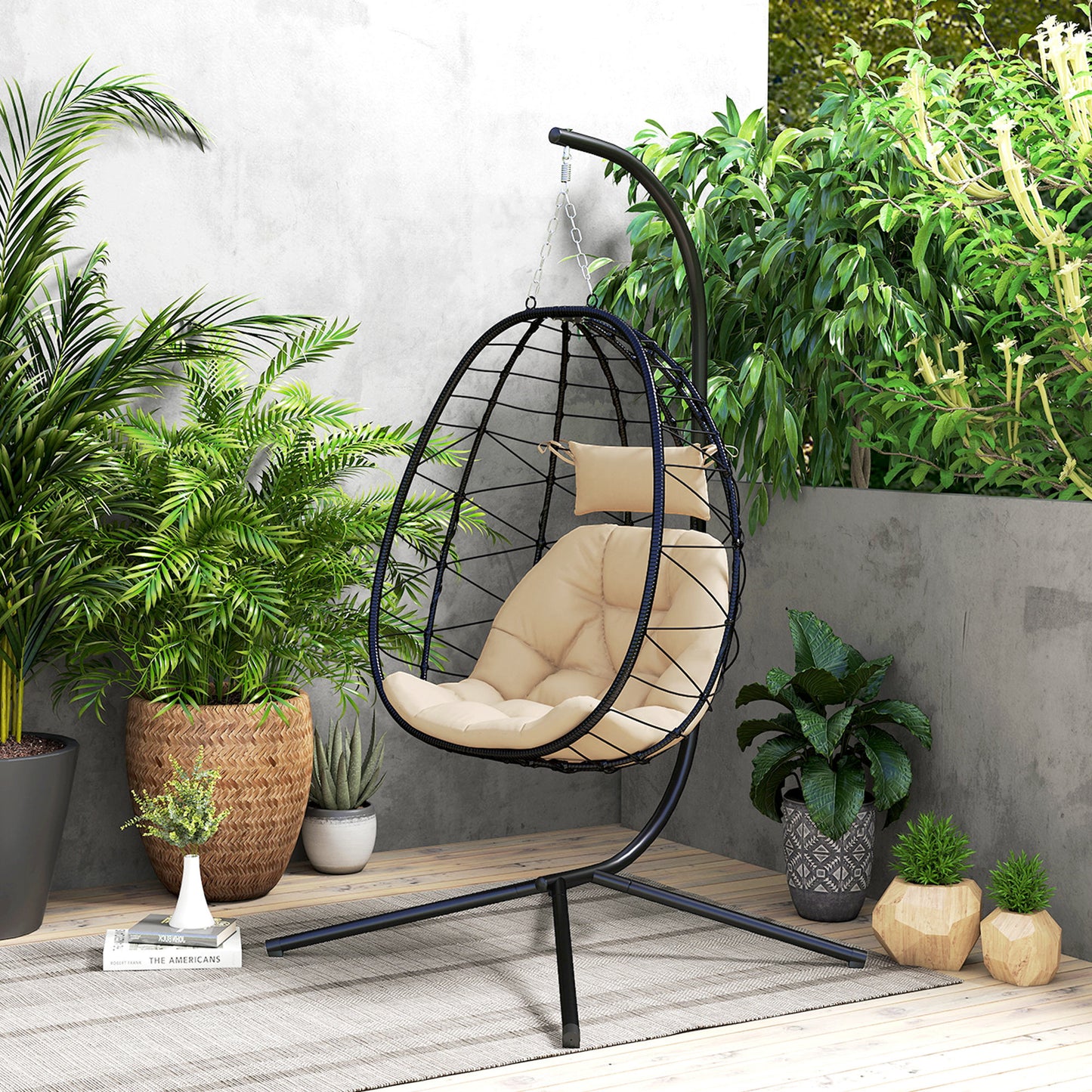 Outsunny Hanging Egg Chair With Stand For Patio Balcony Folding Basket 15cm Thickened Cushion With Headrest Khaki