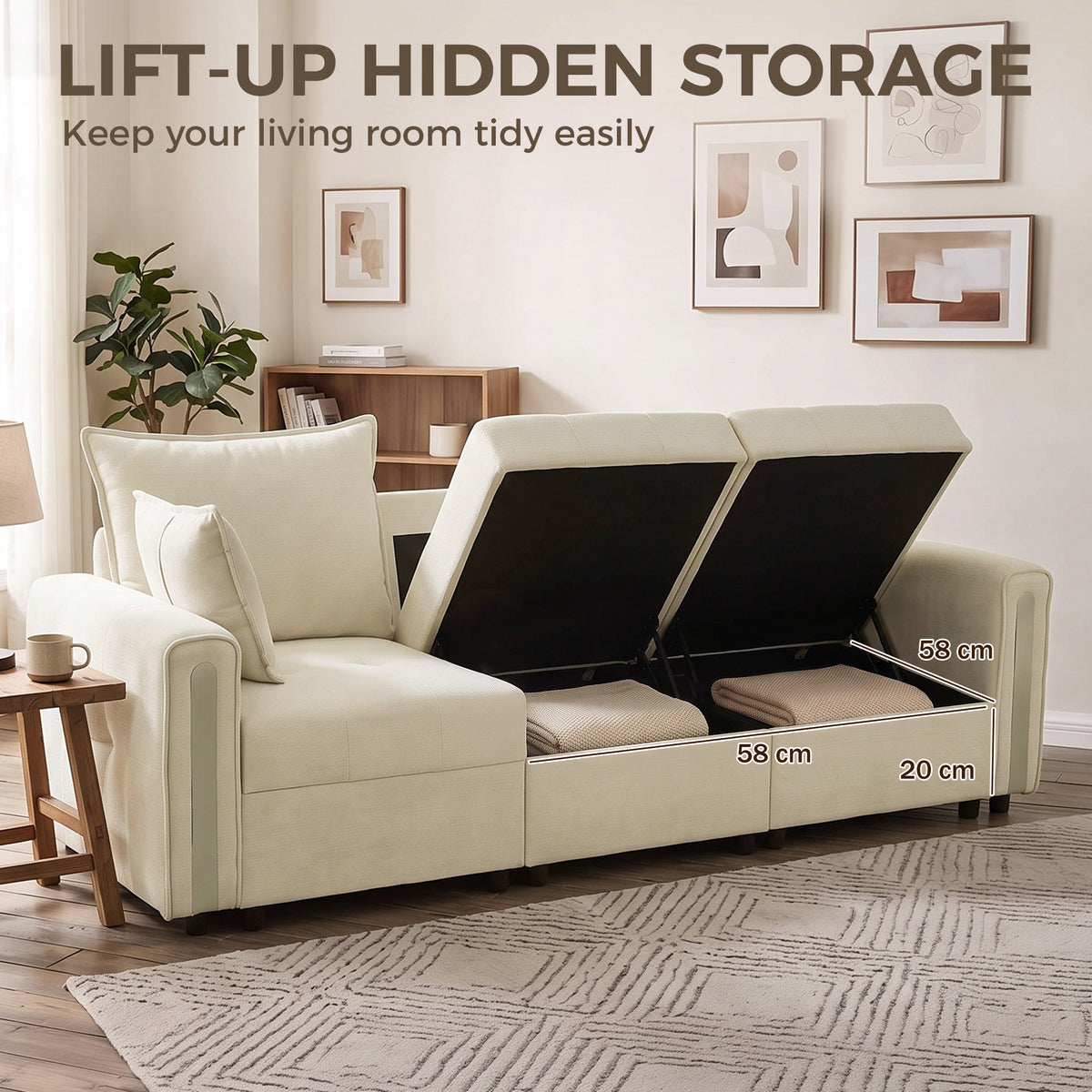 Beige sofa with lift-up hidden storage, open seat revealing the compartment