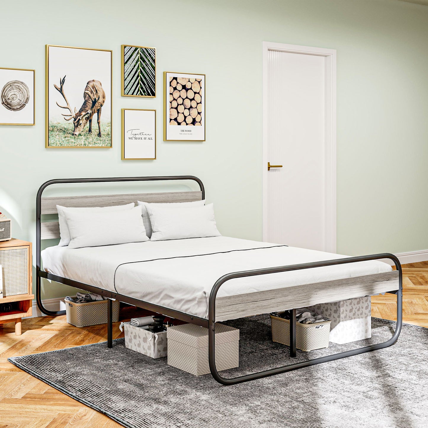 HOMCOM 4ft6 Double Bed Frame Metal Platform Bed With Under Bed Storage No Box Spring Needed Easy Assembly Grey