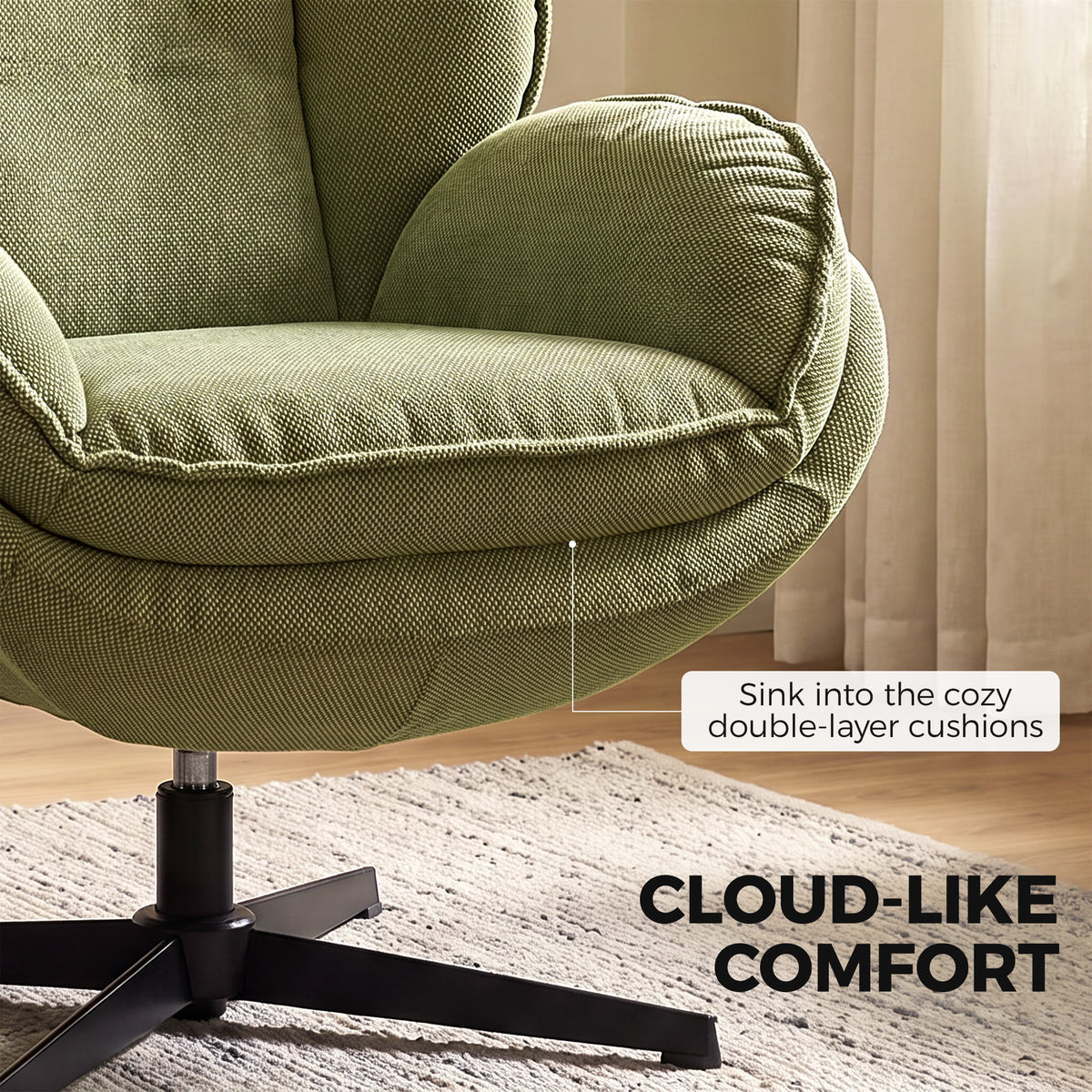 Green upholstered swivel chair arm and thick seat cushion with matching footstool