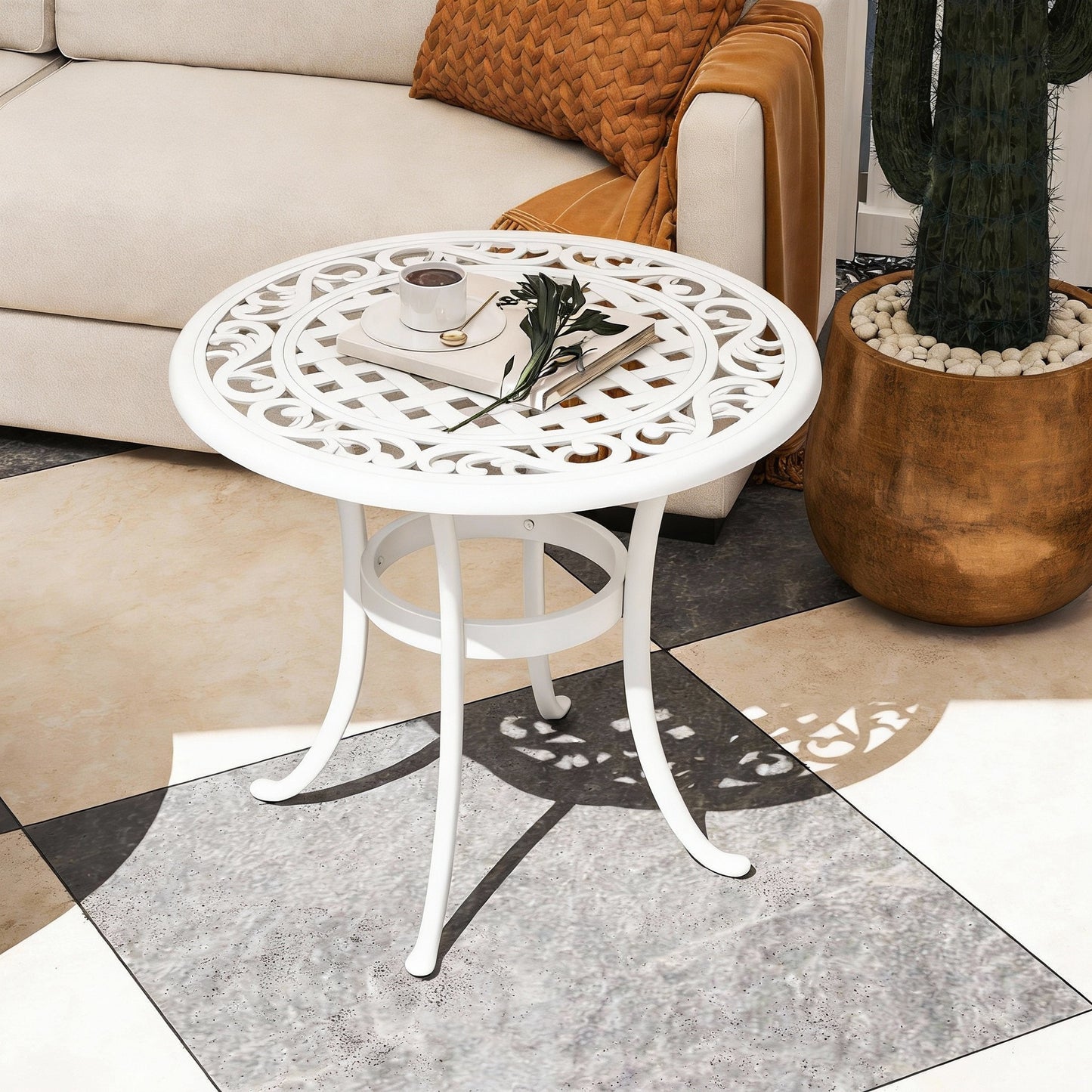 Outsunny 60 cm Round Garden Table Cast Aluminium Outdoor Patio Table White Elegant Cutout Top