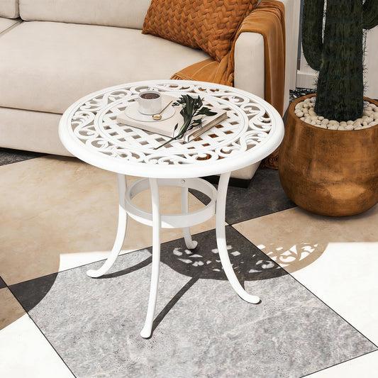 Outsunny 60 cm Round Garden Table Cast Aluminium Outdoor Patio Table White Elegant Cutout Top