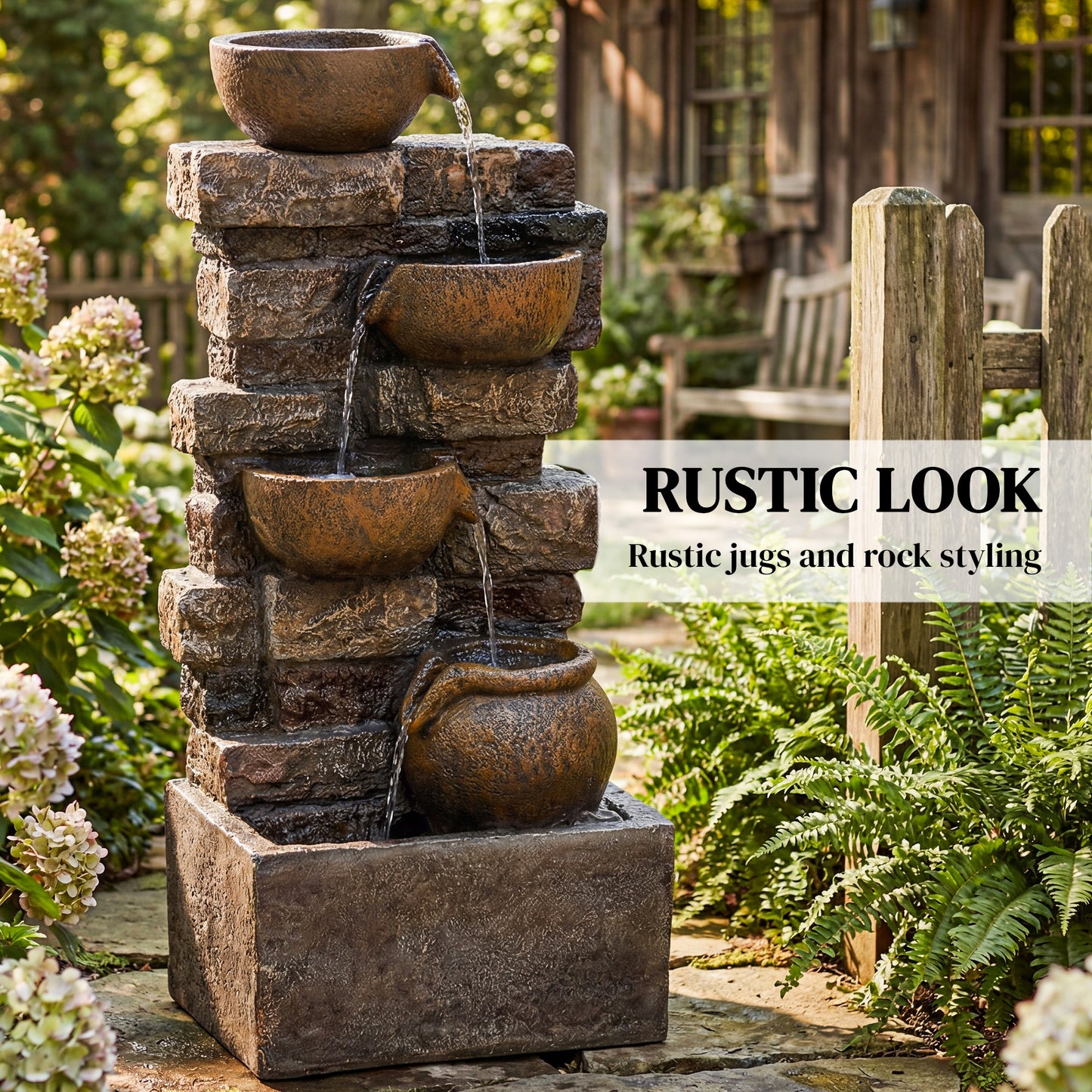 Outsunny 28 Inch 5 Tier Outdoor Fountain With Cascading Waterfall LED Lights Adjustable Flow Rustic Brown