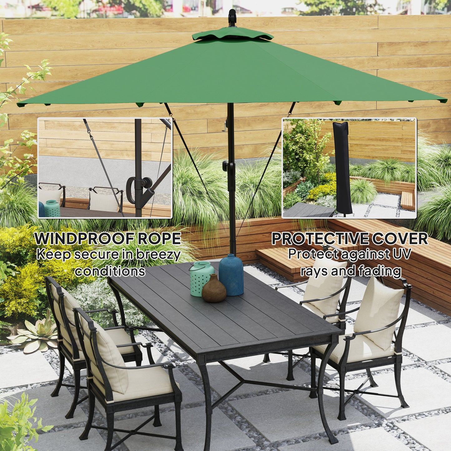 Outsunny 3m Cantilever Parasol With Cover And Wind Straps Banana Patio Umbrella Crank Tilt UPF50Plus Green