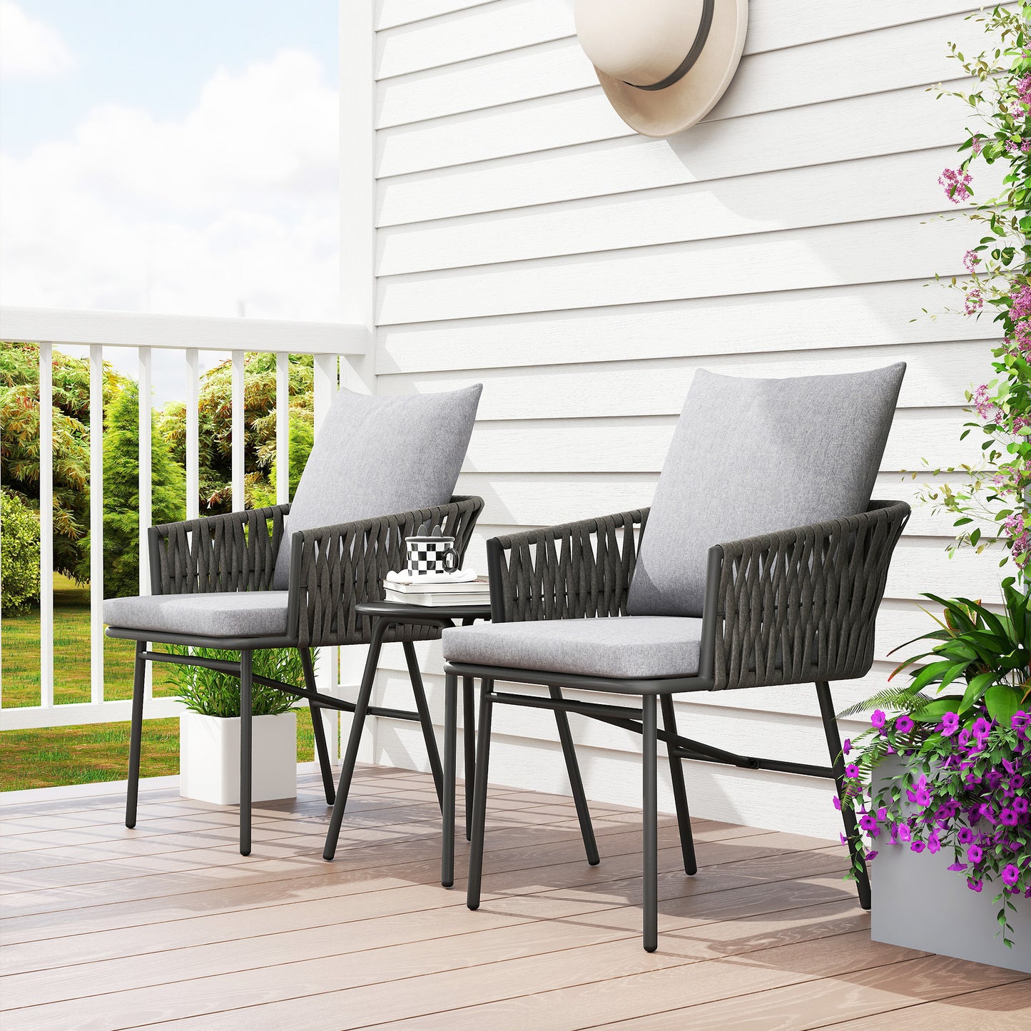 Outsunny 3 Piece Rattan Bistro Set With Table And Chairs And 4 Cushions For Balcony Porch Terrace Garden Grey