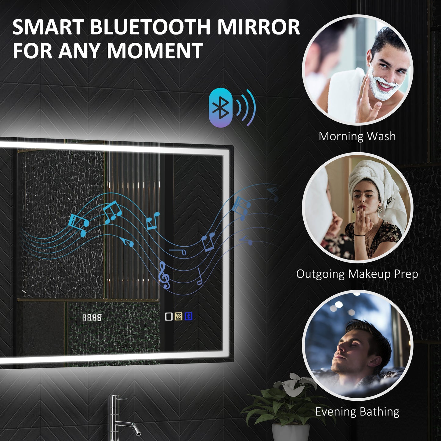 HOMCOM 60 X 80 CM Anti Fog LED Bathroom Mirror With Bluetooth Speaker And Clock Silver Tone